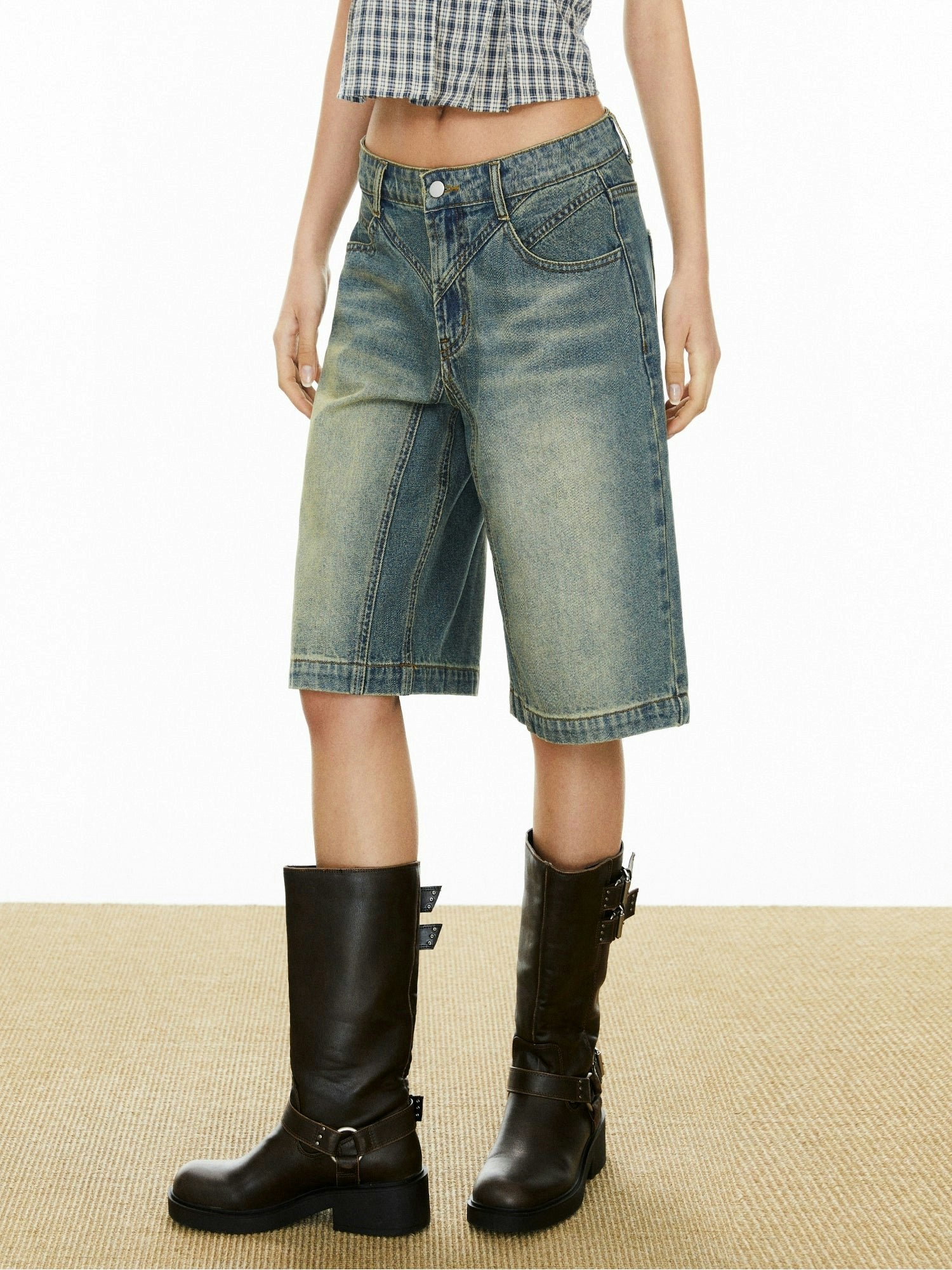 Contrast Stitching Denim Wide Leg Shorts