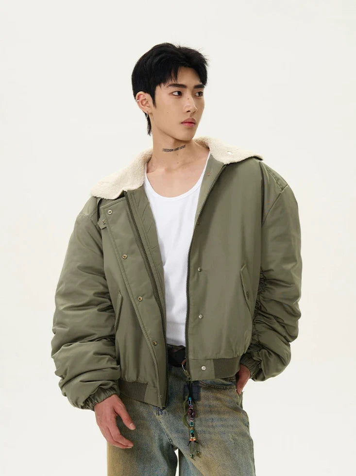 Ruched Sherpa Collar Military Bomber Jacket