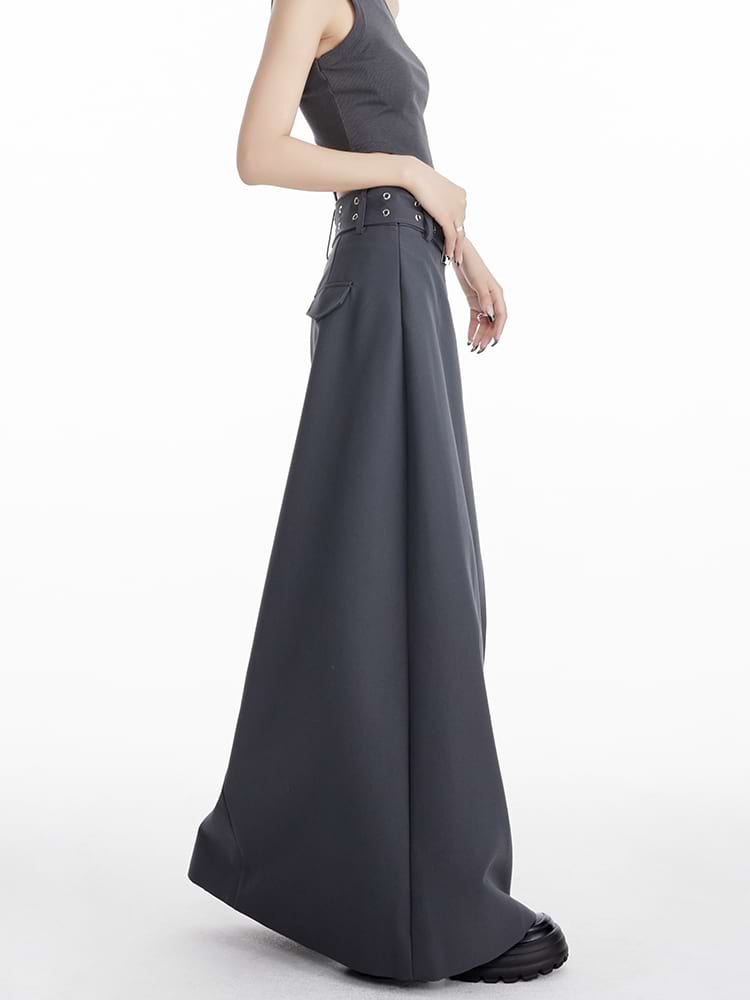 Maxi Skirt with Side Slit and Grommet Belt