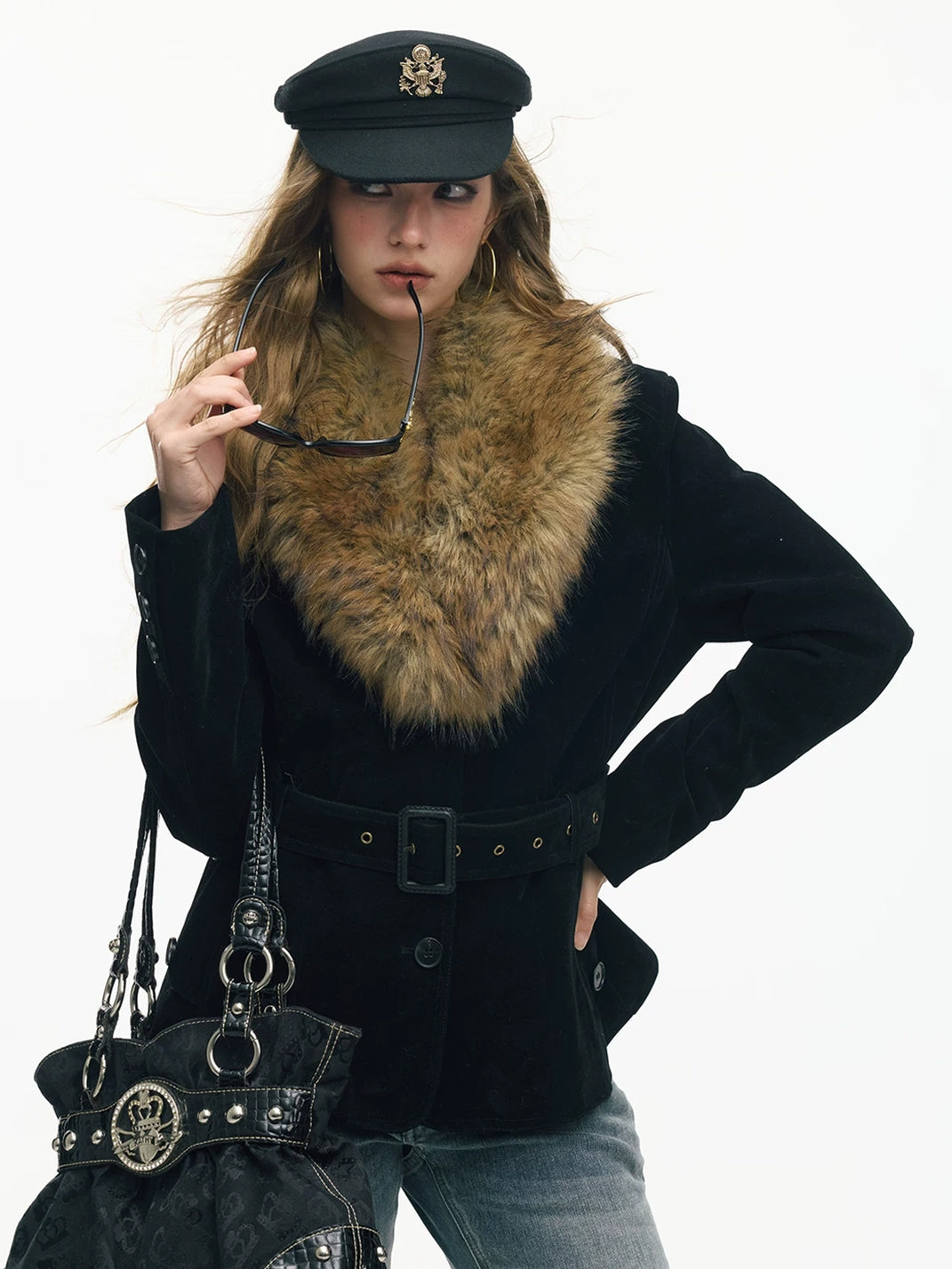 Black Cinched Jacket with Statement Faux-Fur Collar - view 1