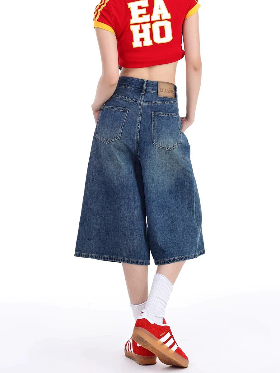 High Waist Denim Culotte Shorts