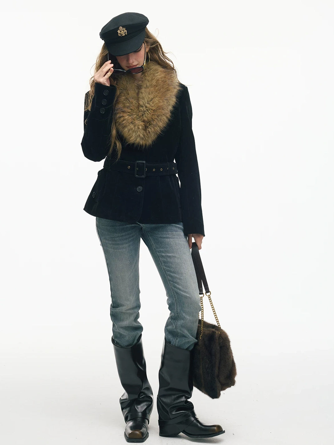 Black Cinched Jacket with Statement Faux-Fur Collar - view 5