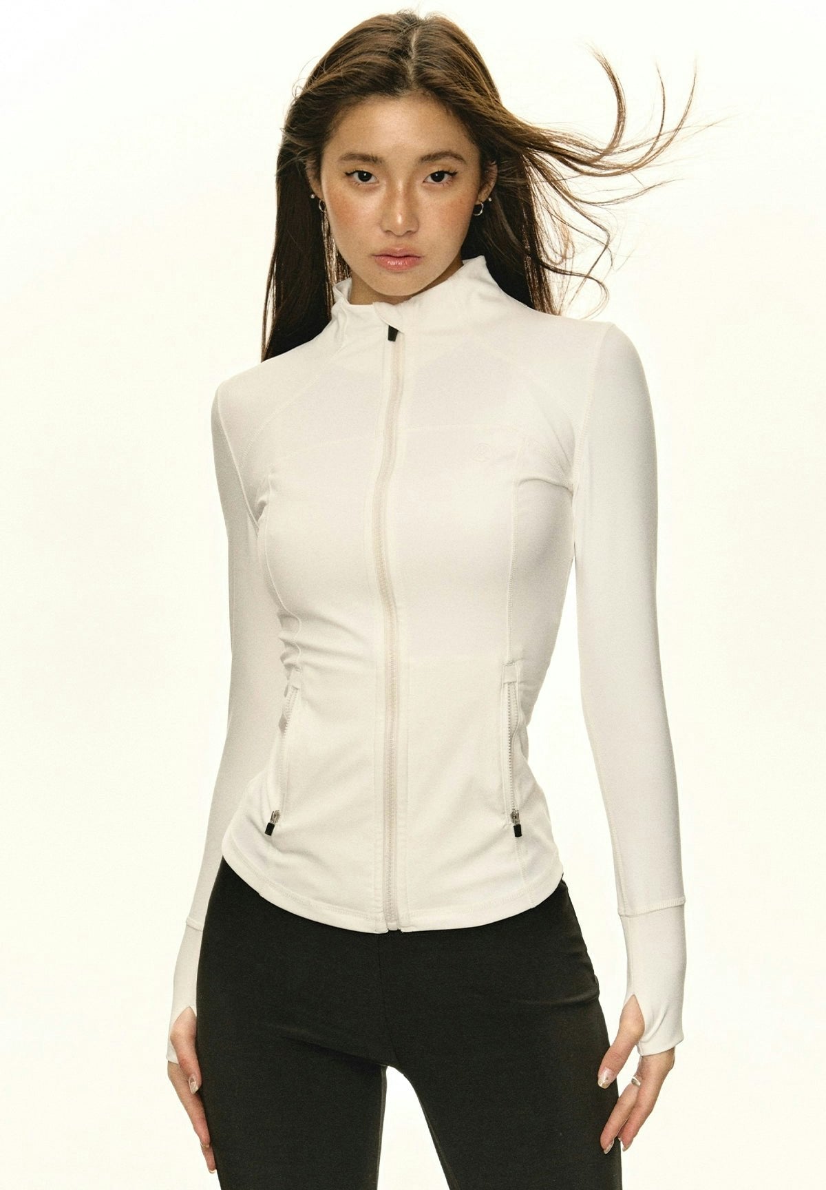 White Fitted Athletic Jacket with Mock Neck and Zip Pockets