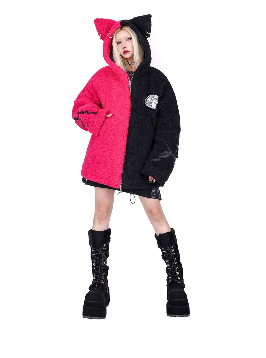 PINKSPINK Two-Tone Cat Ear Fleece Hoodie - Hot Pink/Black