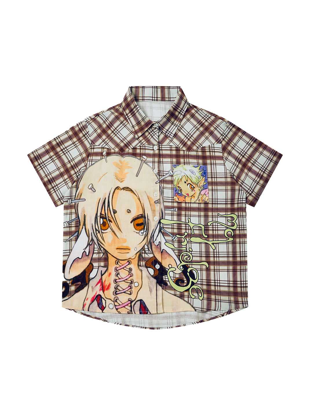 Anime Collage Brown Plaid Button-Up Shirt — product view 1