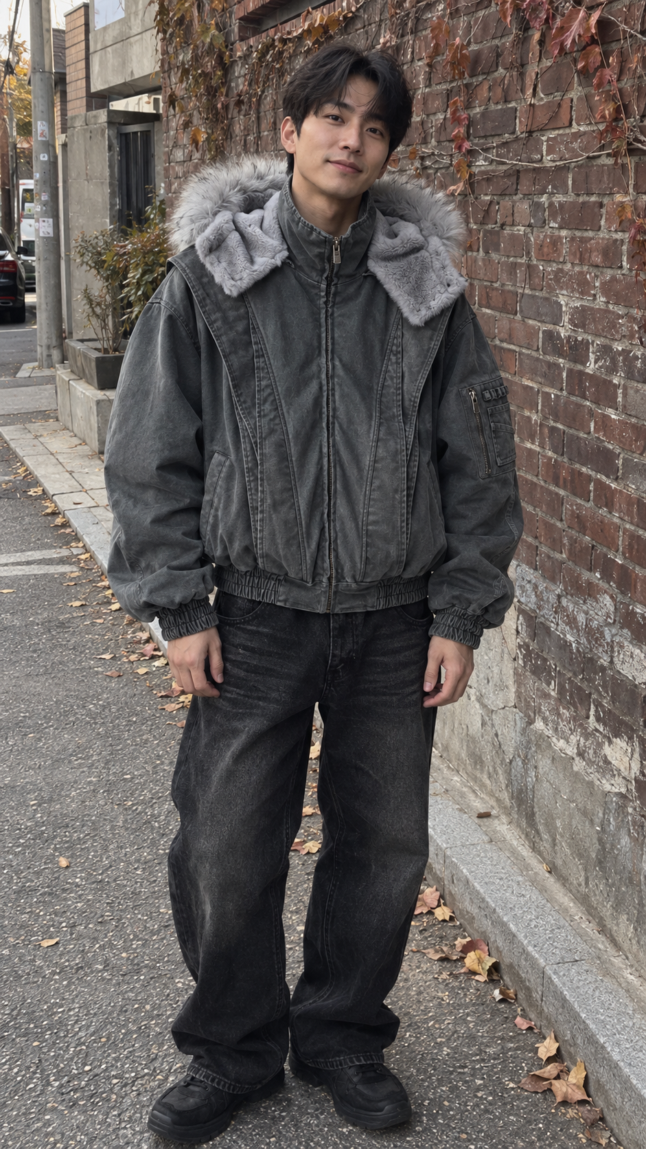 AI-styled showcase: Ashfall men's Iceberg Ash bomber jacket — neighborhood corner