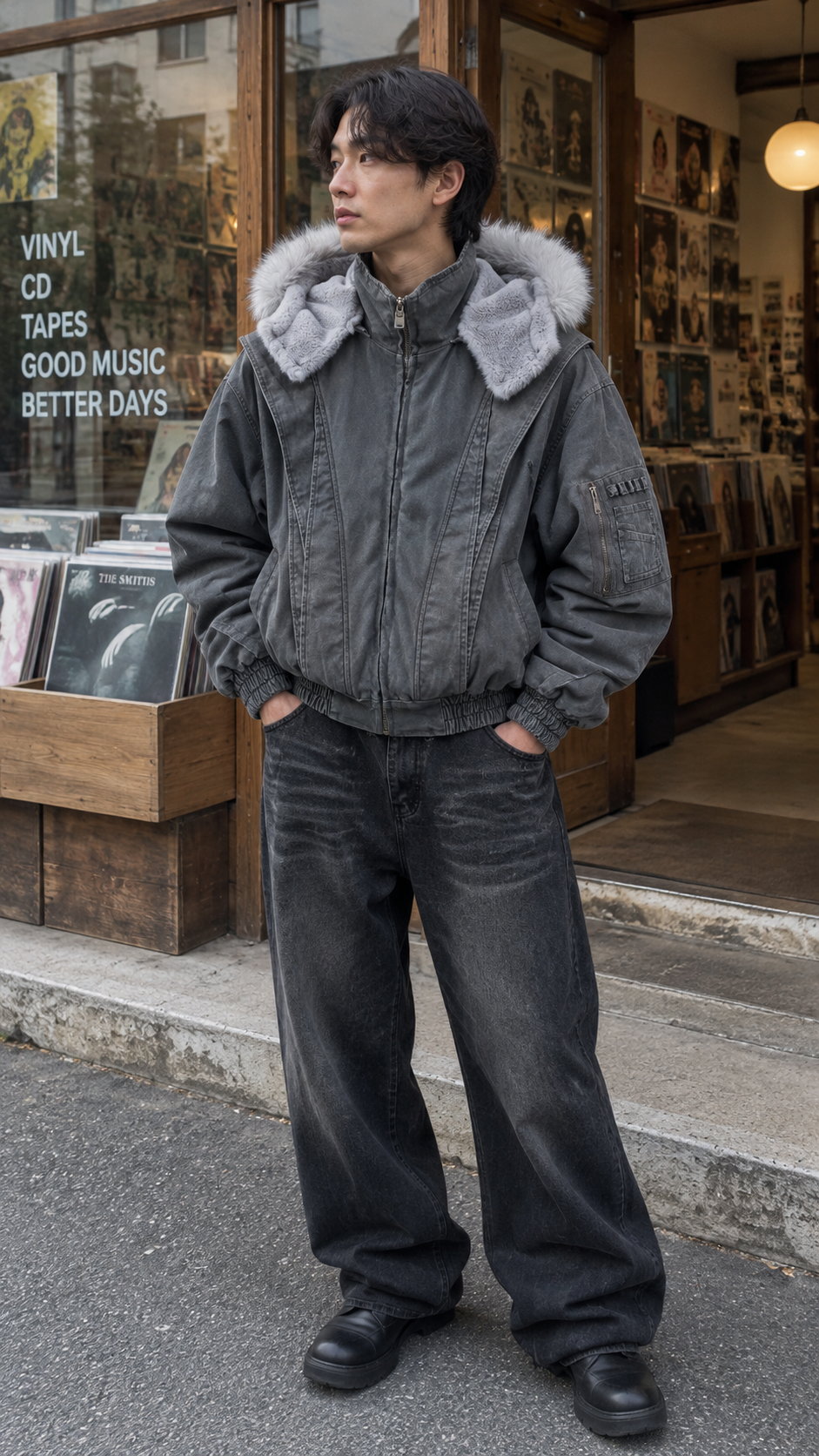 AI-styled showcase: Ashfall men's Iceberg Ash bomber jacket — record shop stop