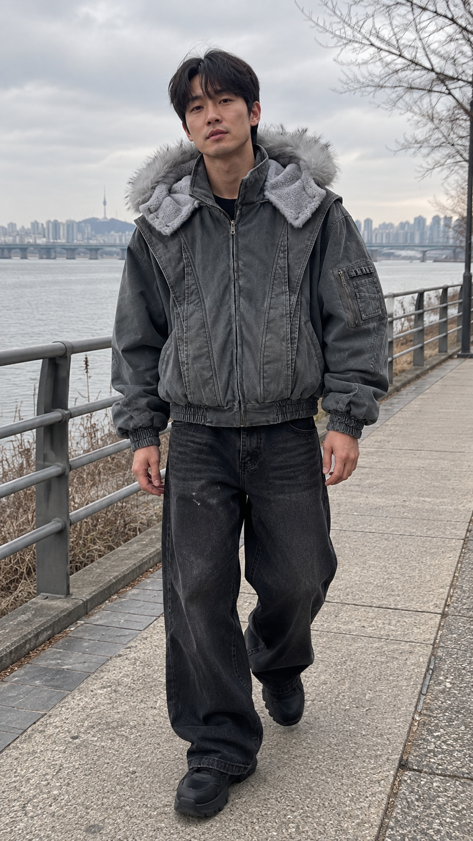 AI-styled showcase: Ashfall men's Iceberg Ash bomber jacket — riverside walk