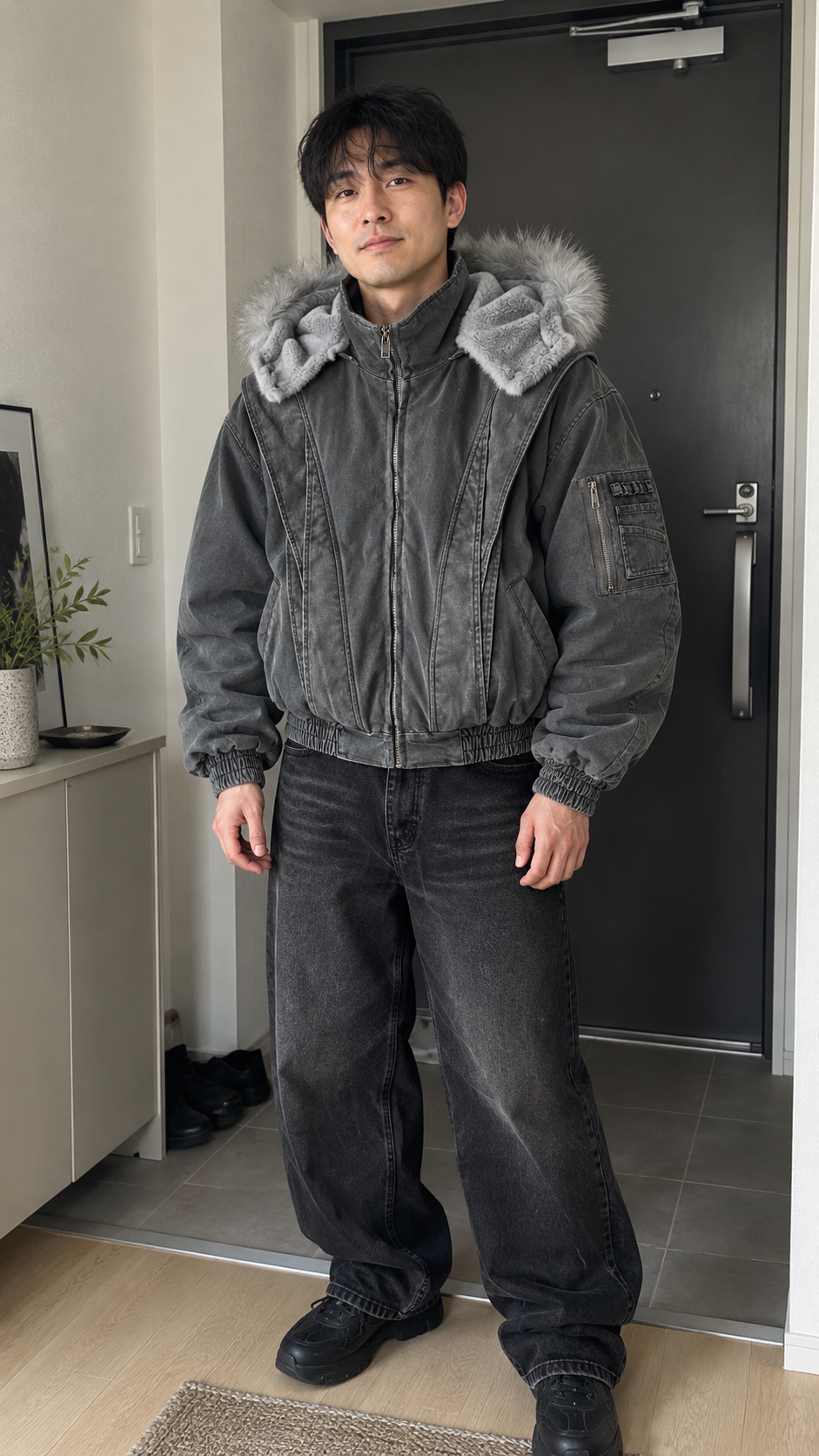 AI-styled showcase: Ashfall men's Iceberg Ash bomber jacket — apartment entrance