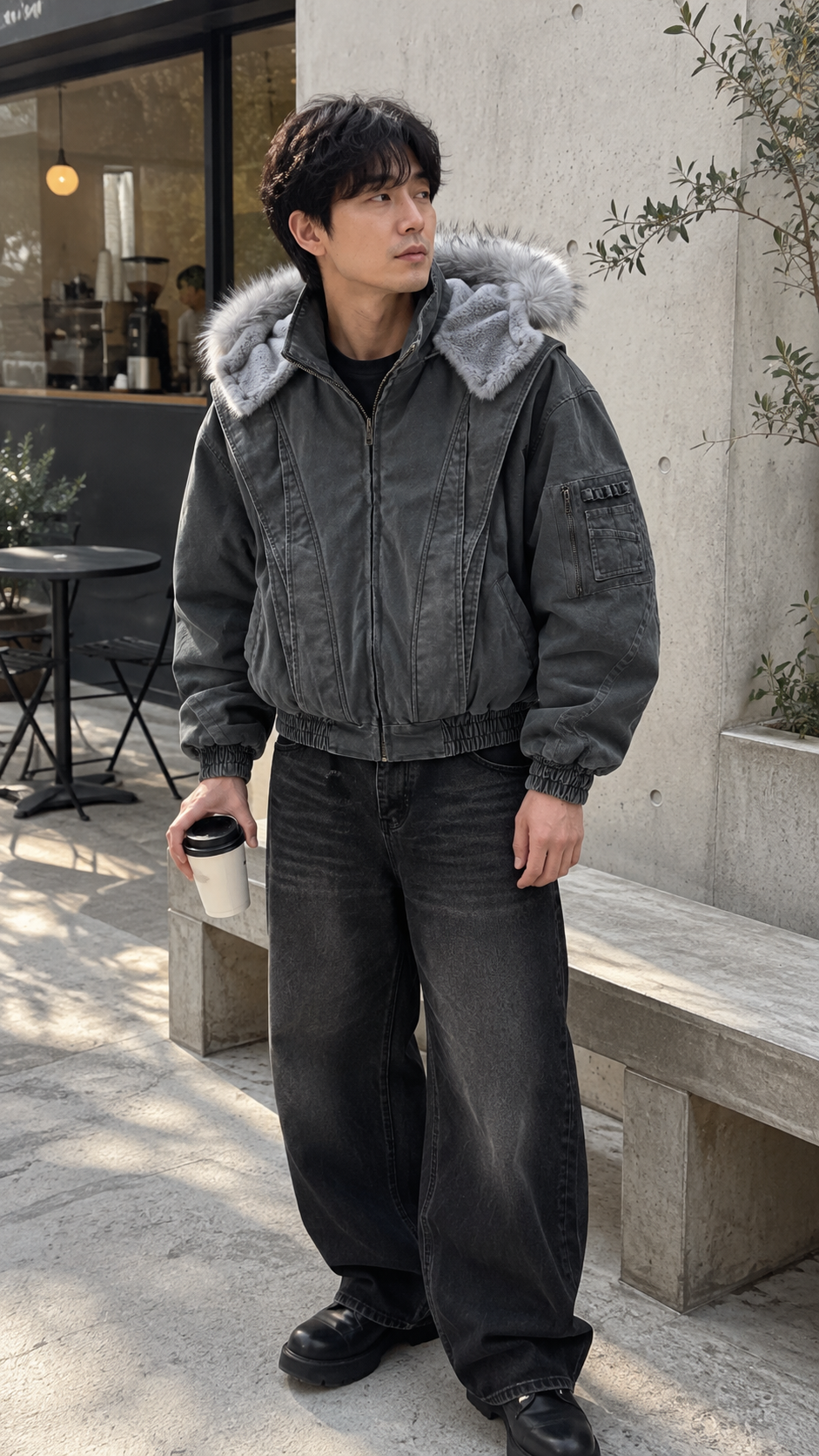 AI-styled showcase: Ashfall men's Iceberg Ash bomber jacket — cafe courtyard