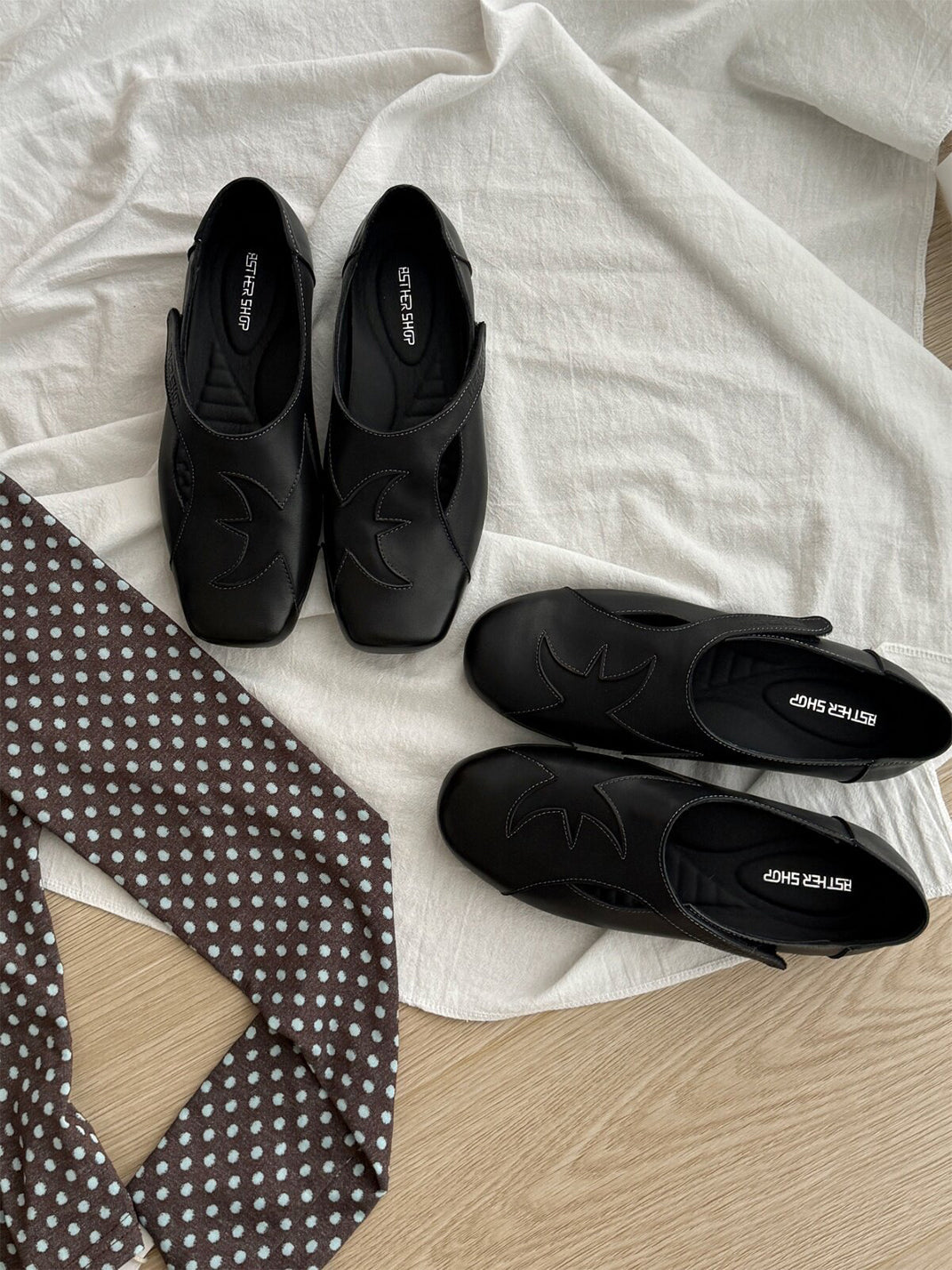 Star-Panel Square-Toe Leather Ballet Flats - View 12