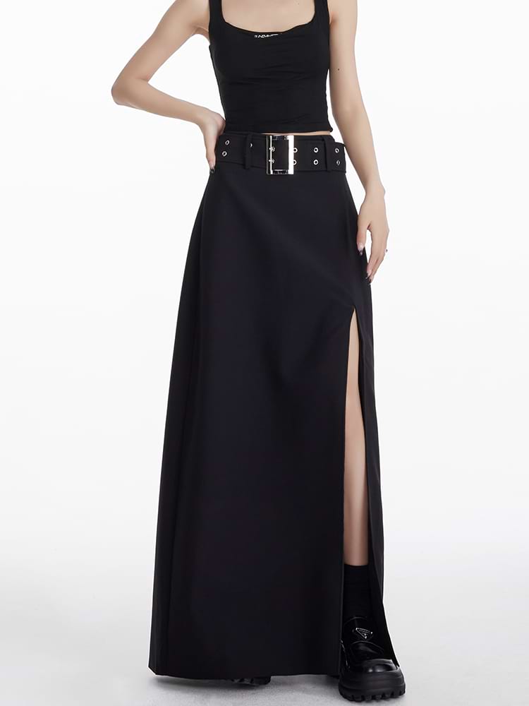 Maxi Skirt with Side Slit and Grommet Belt