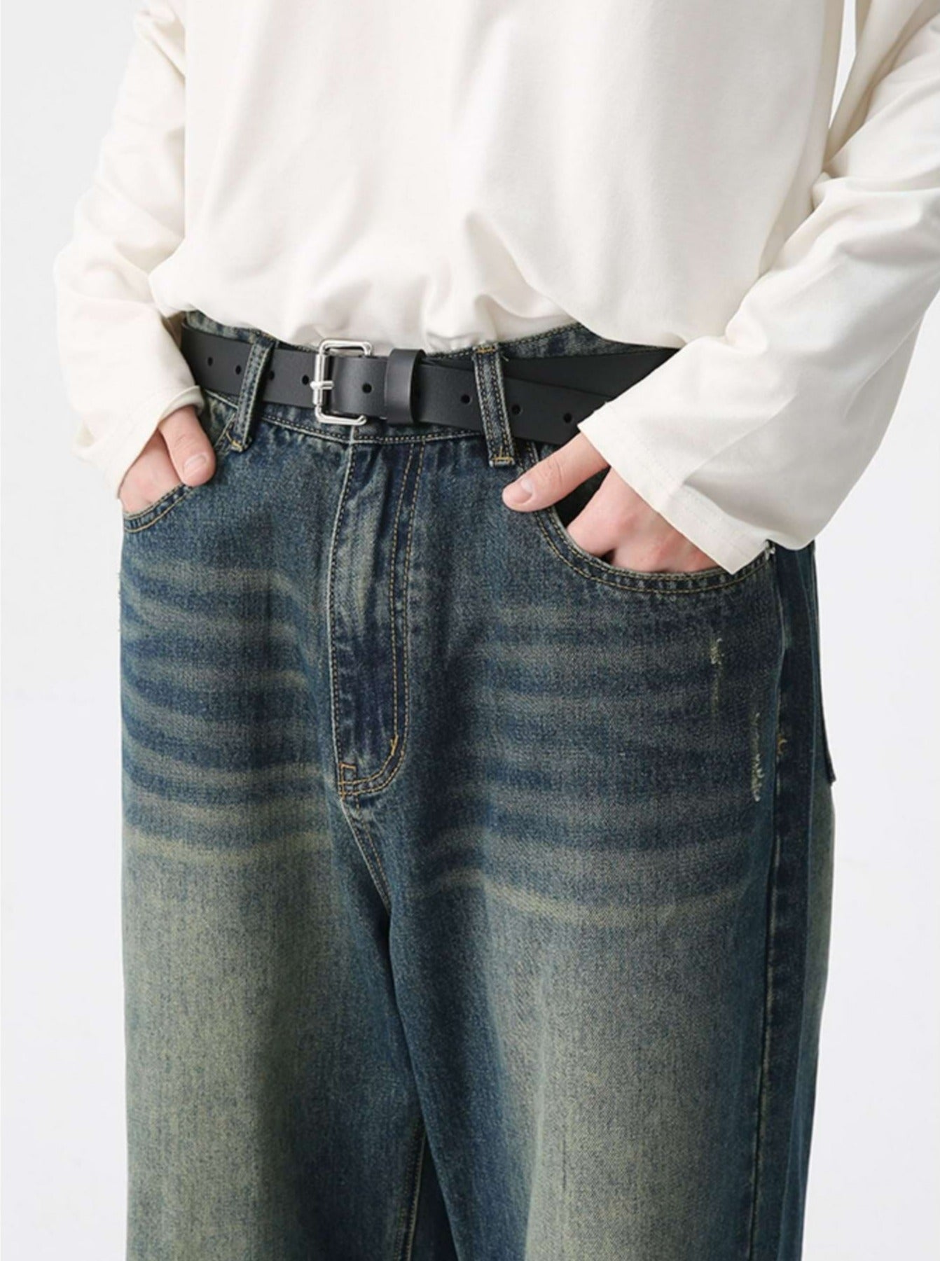 Two-Tone Wide Leg Vintage Wash Jeans