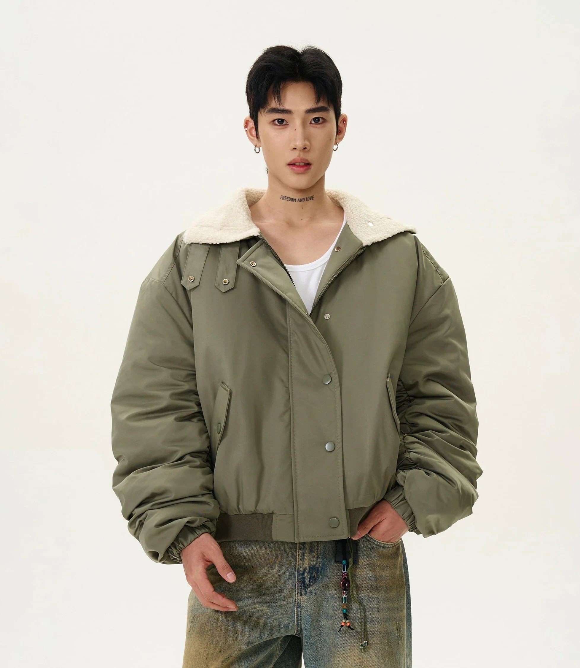 Ruched Sherpa Collar Military Bomber Jacket