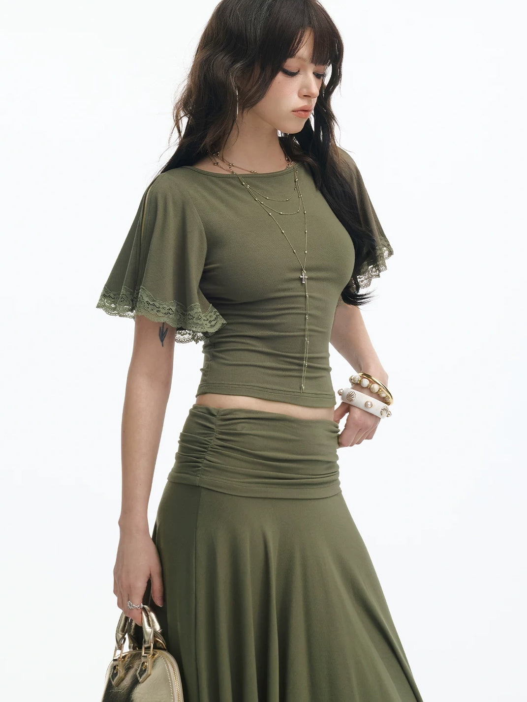 Olive Lace-Edge Crop Top or Draped Asymmetric Skirt - view 2