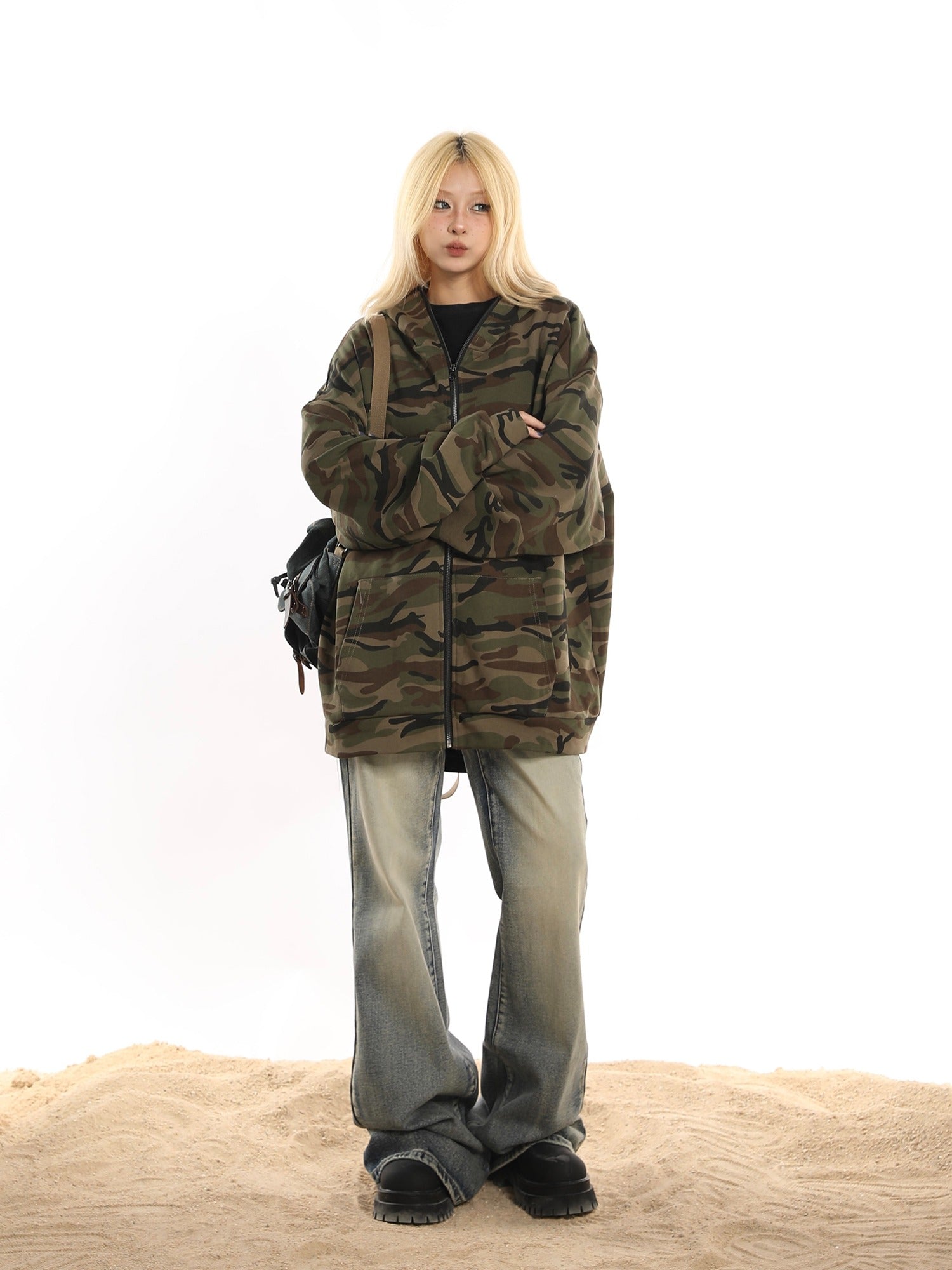 Oversized Camo Print Fleece Jacket