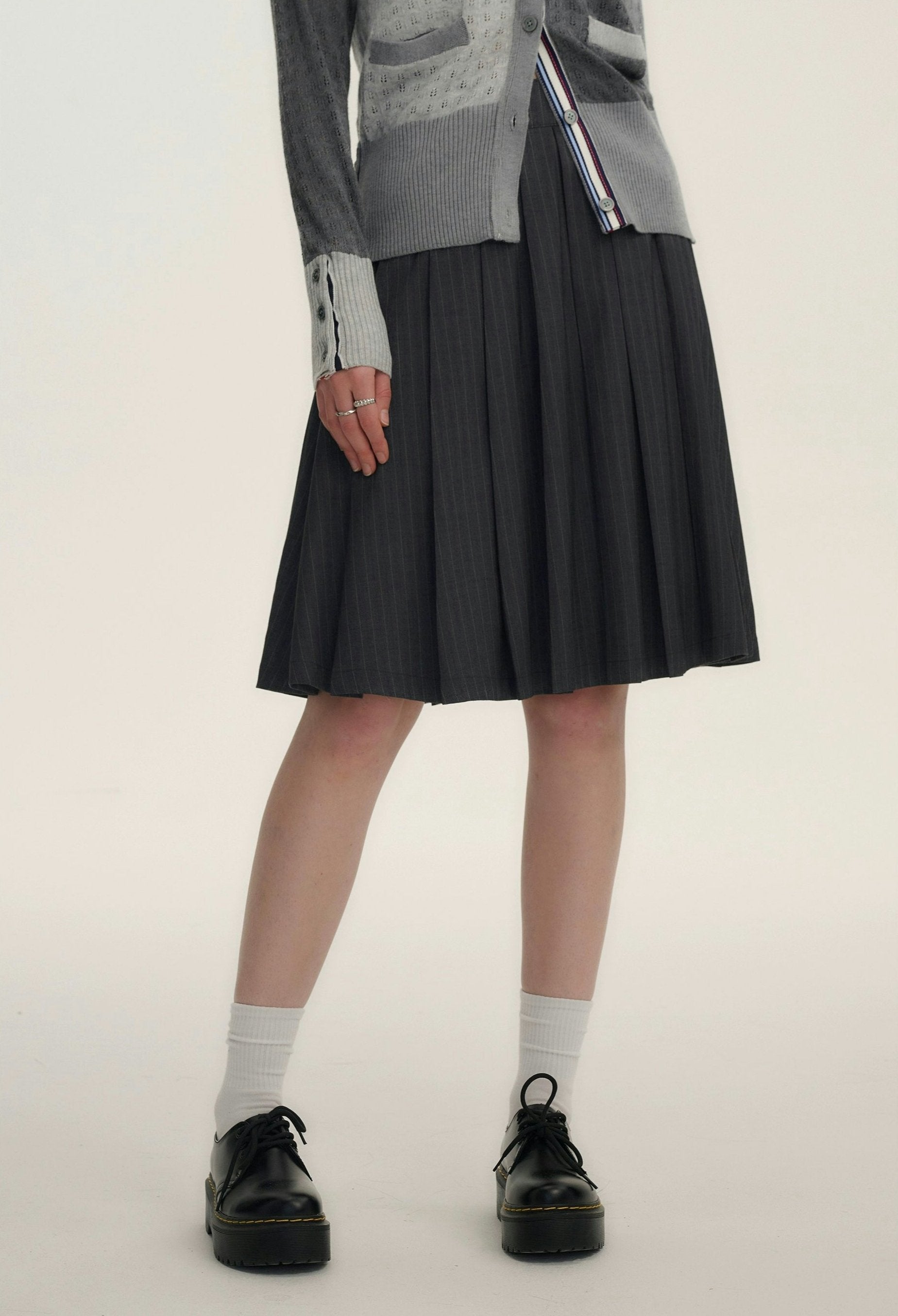 Grey Pinstripe Pleated Skirt