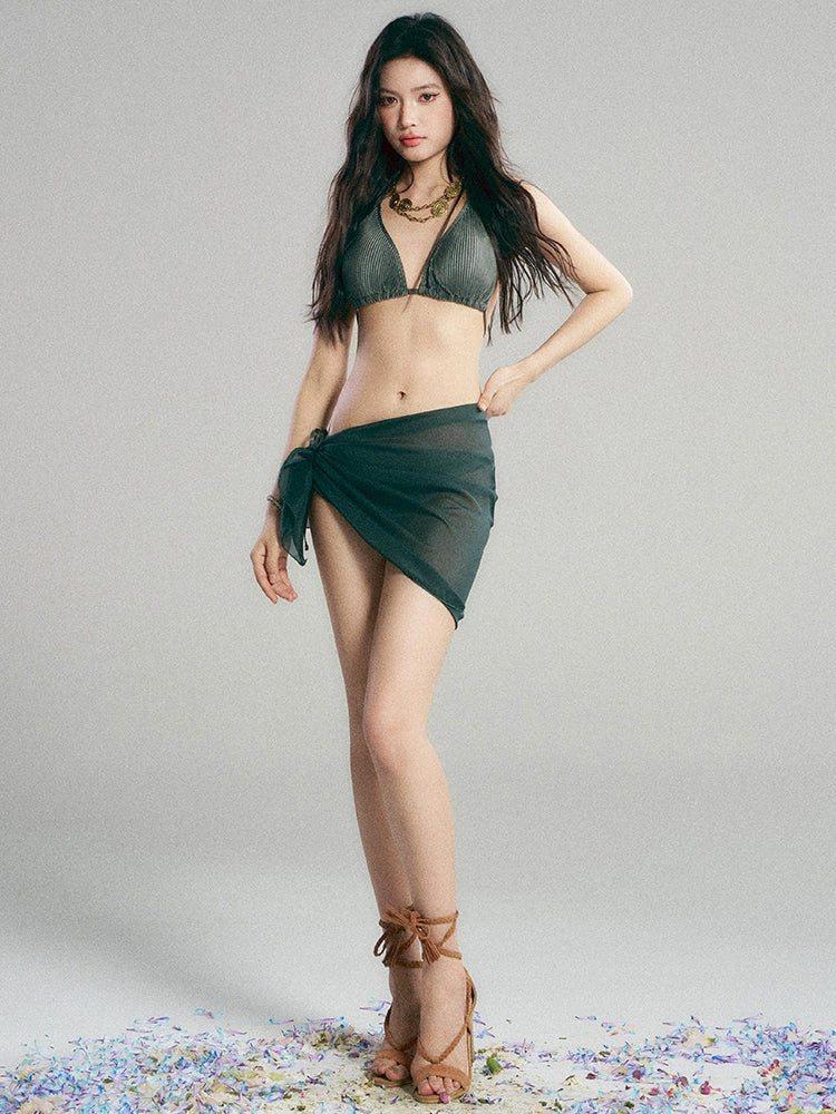 Ribbed Bikini Set with Sheer Sarong