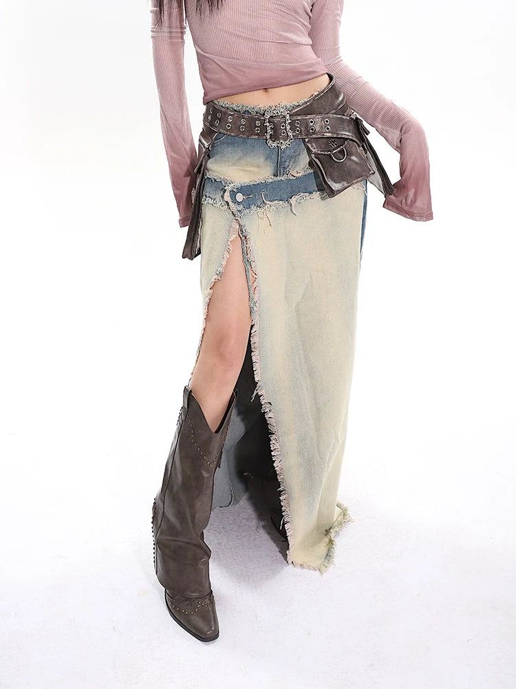 Distressed Denim Cowgirl Slit Skirt