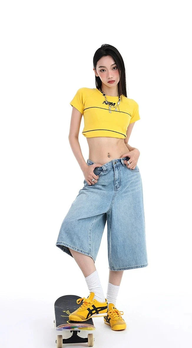 High Waist Denim Culotte Shorts