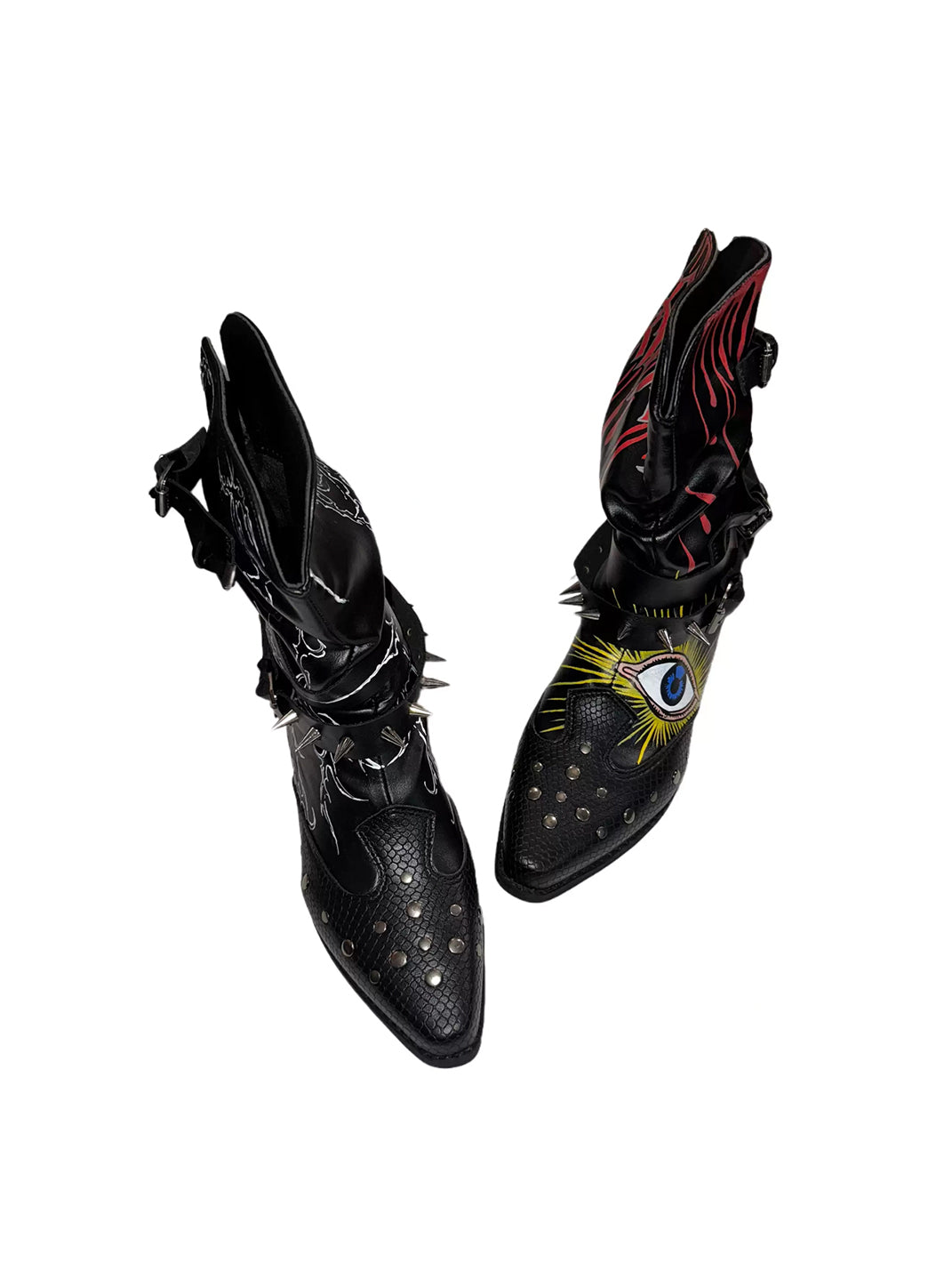 Graffiti Studded Pointed-Toe Buckle Boots - view 6