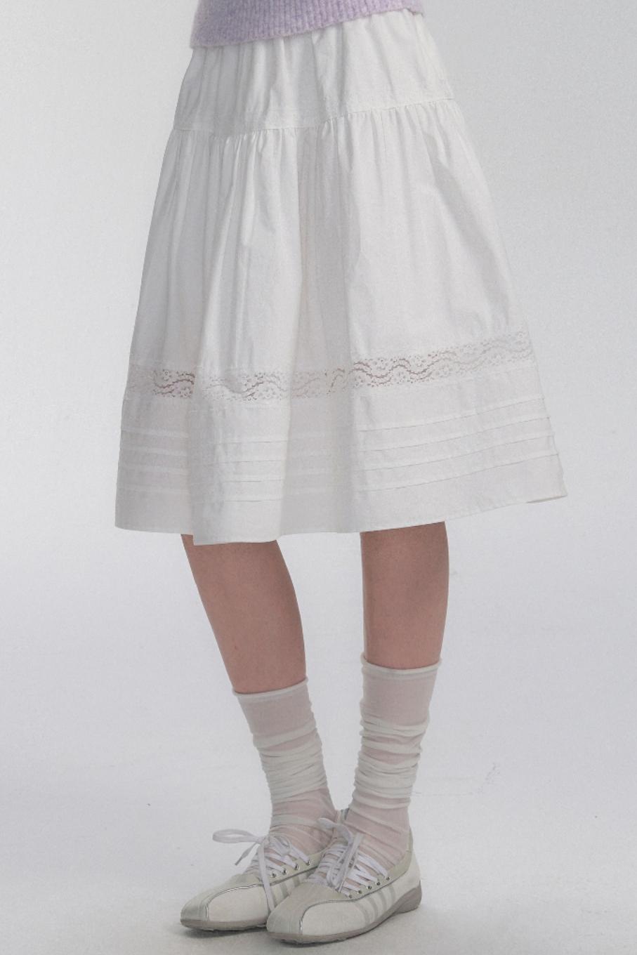 Lace Trim White Cotton Midi Skirt