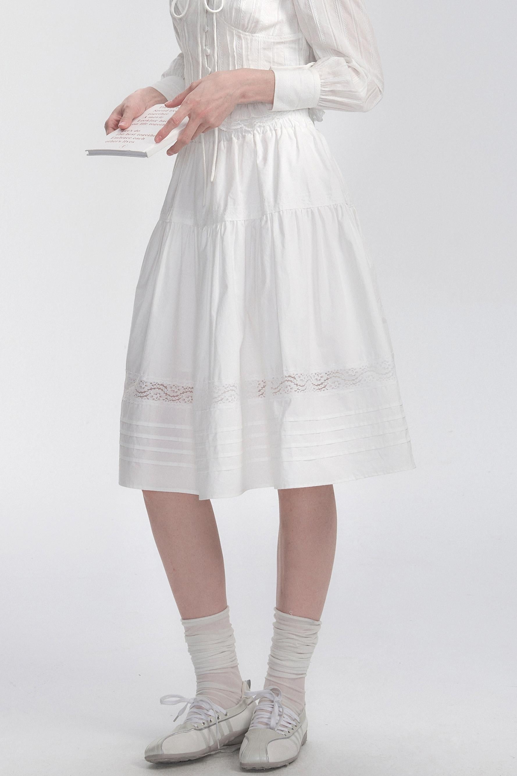 Lace Trim White Cotton Midi Skirt