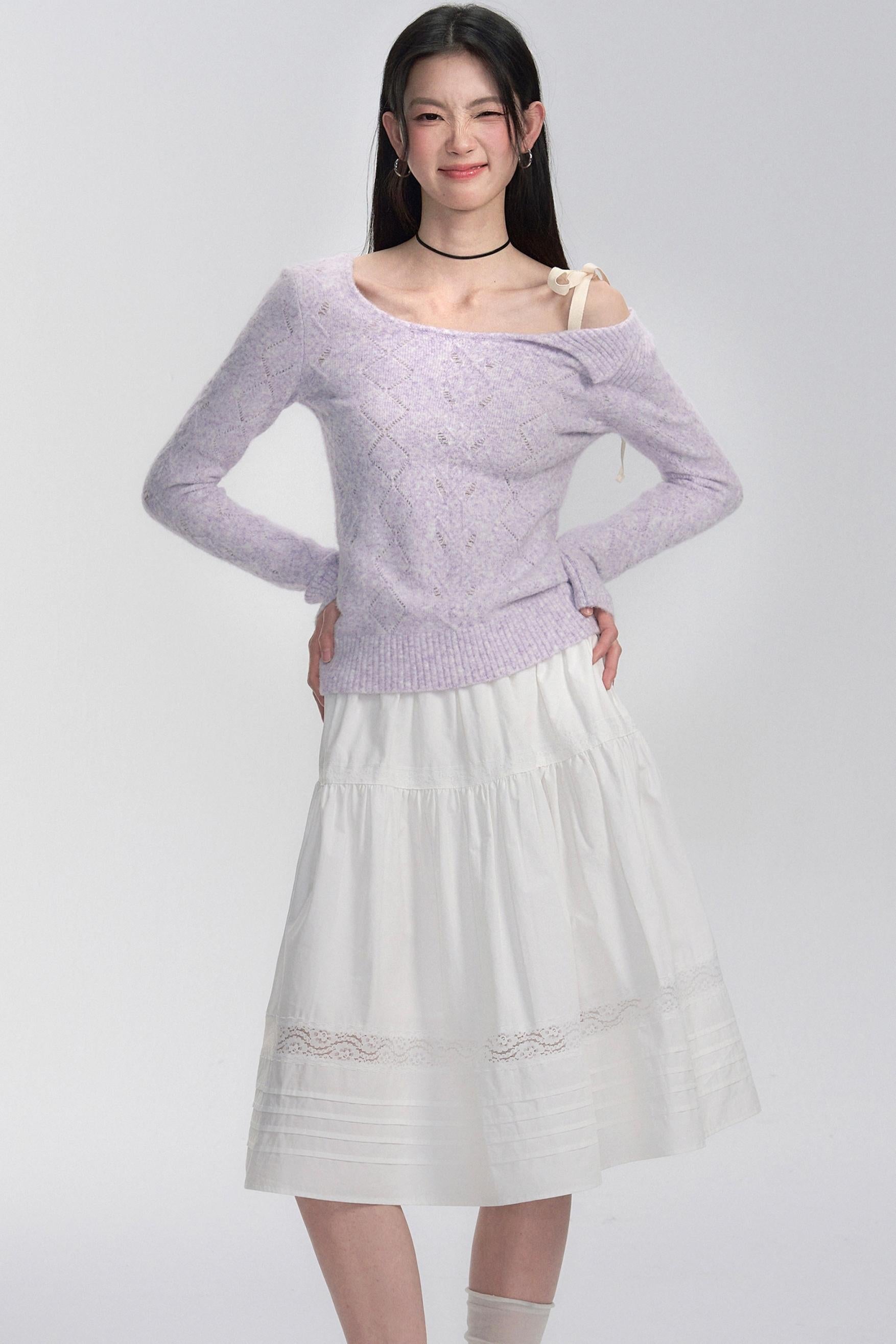 Lace Trim White Cotton Midi Skirt