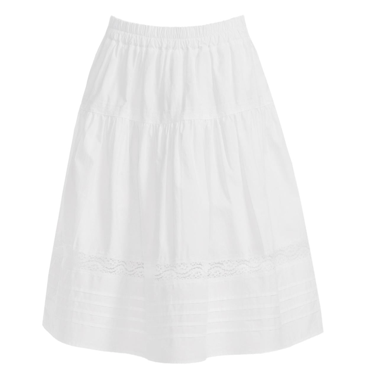 Lace Trim White Cotton Midi Skirt