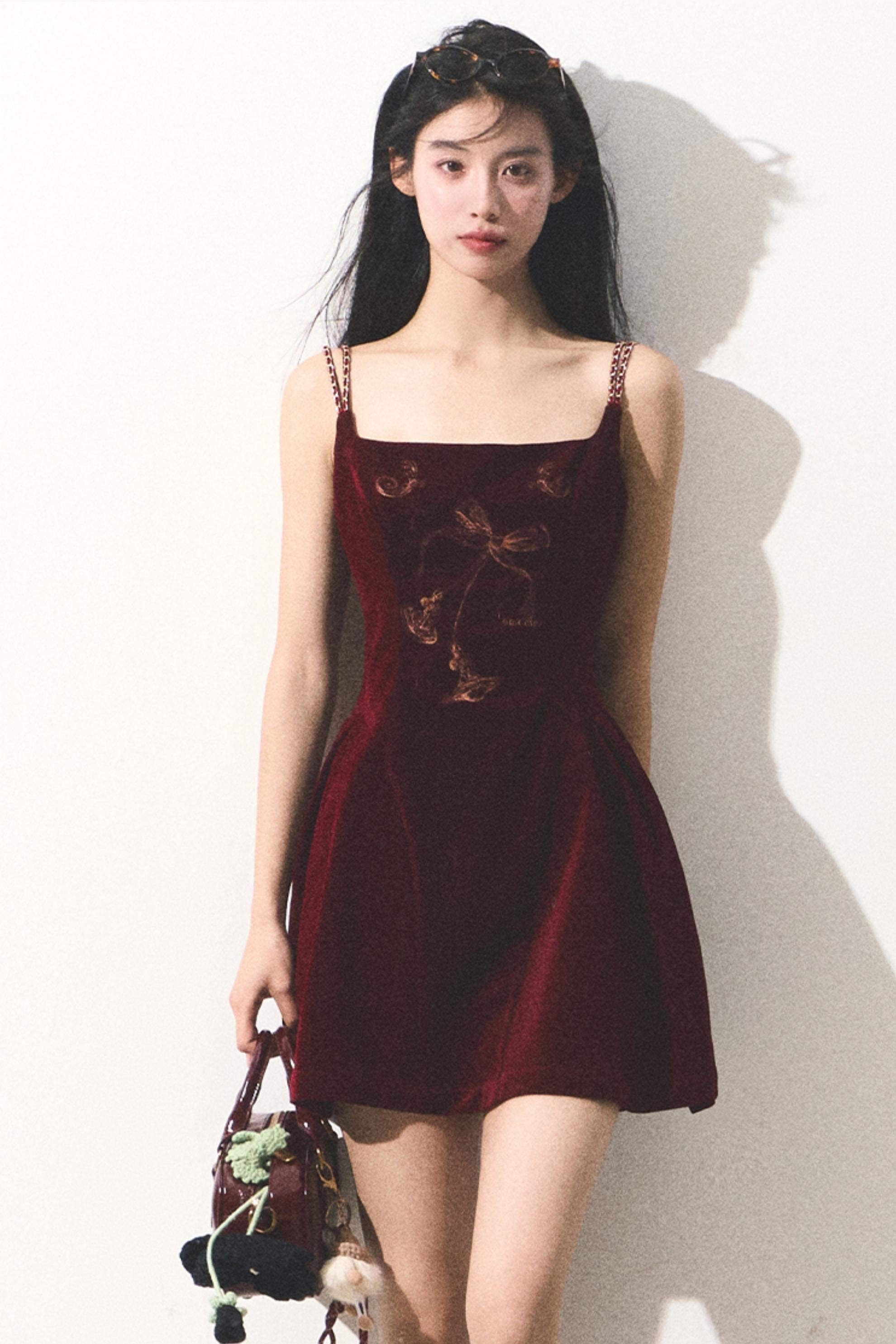 Velvet Embroidered Mini Dress