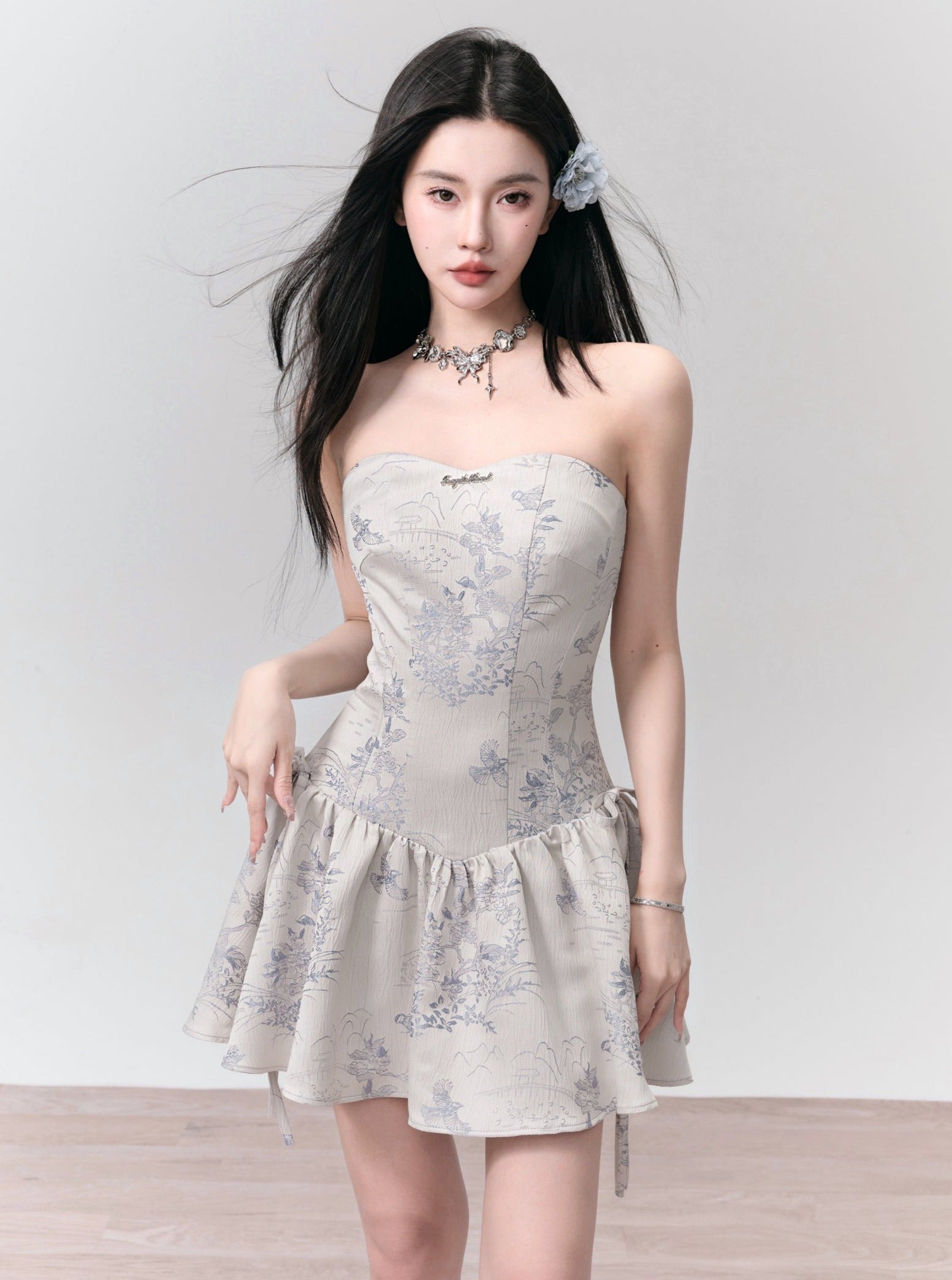 Enchanted Garden Strapless Mini Dress: Ivory Floral Jacquard with Side Bow Details