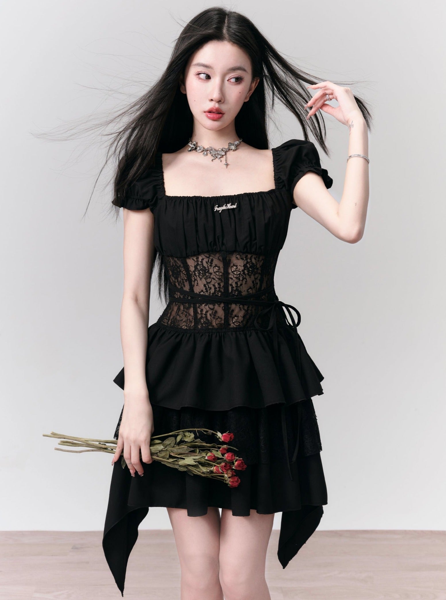 Gothic Lace-Bodice Puff Sleeve Tiered Ruffle Dress