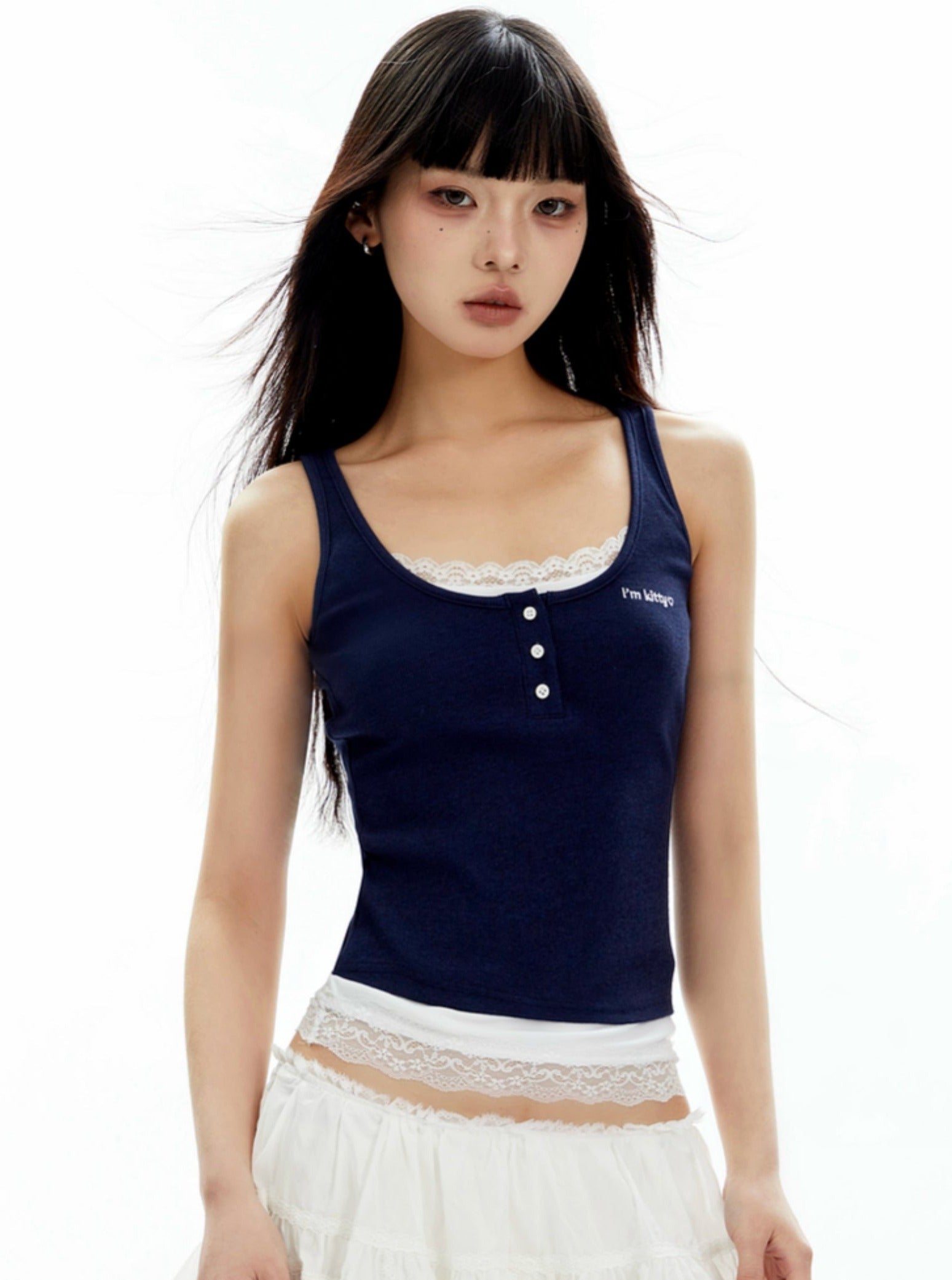 Navy Blue Lace-Trim Henley Tank Top