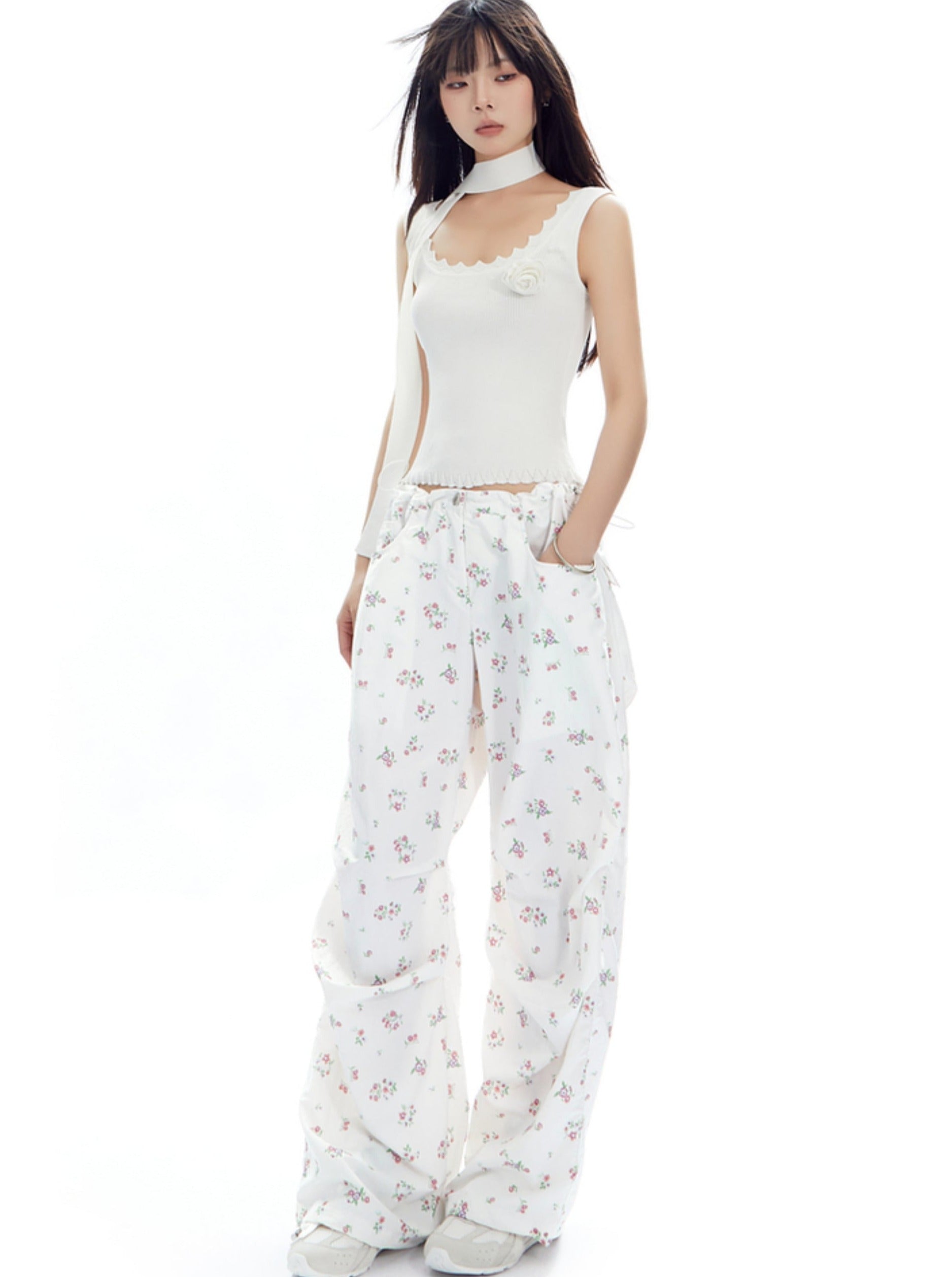 Light Blue Wide-Leg Pants with Butterfly Print