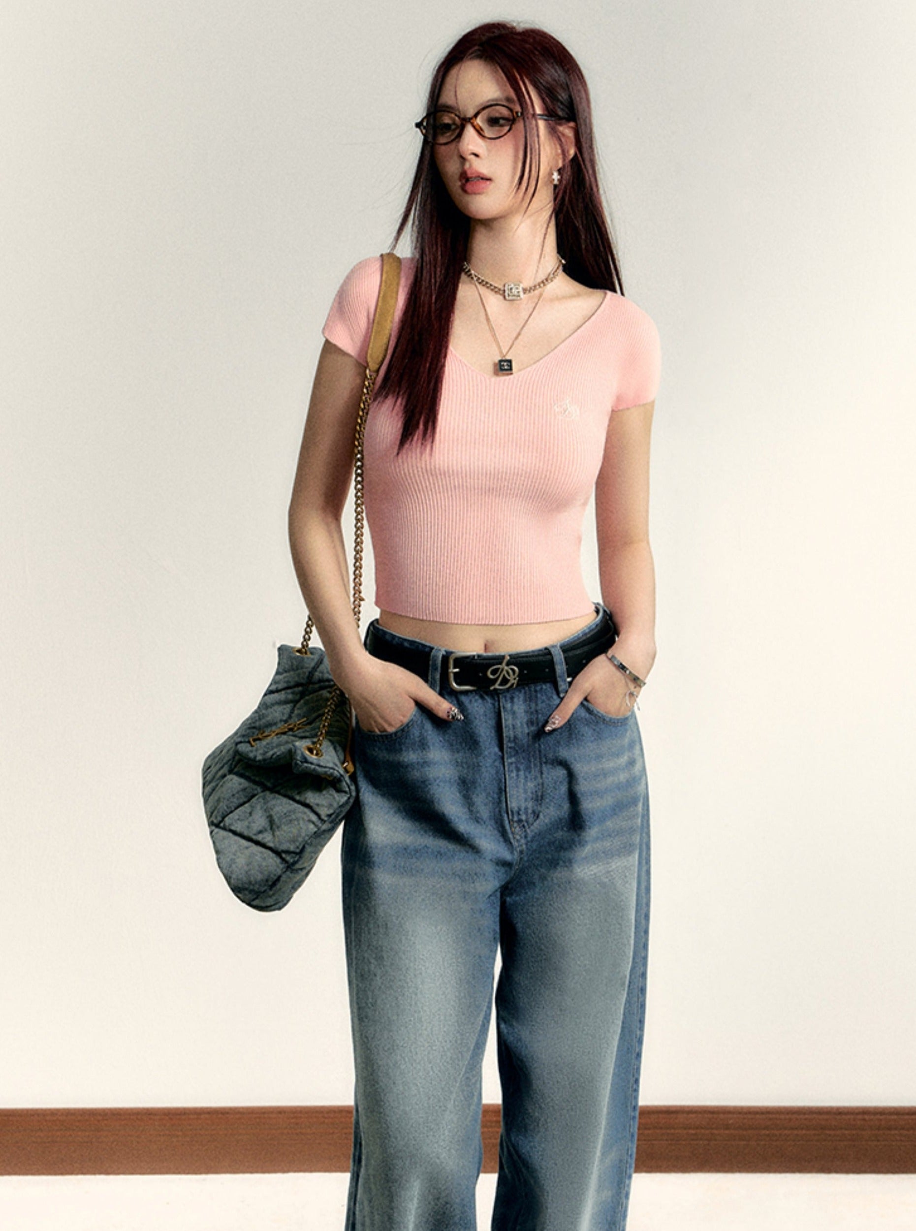 Ribbed V-Neck Cap Sleeve Crop Top