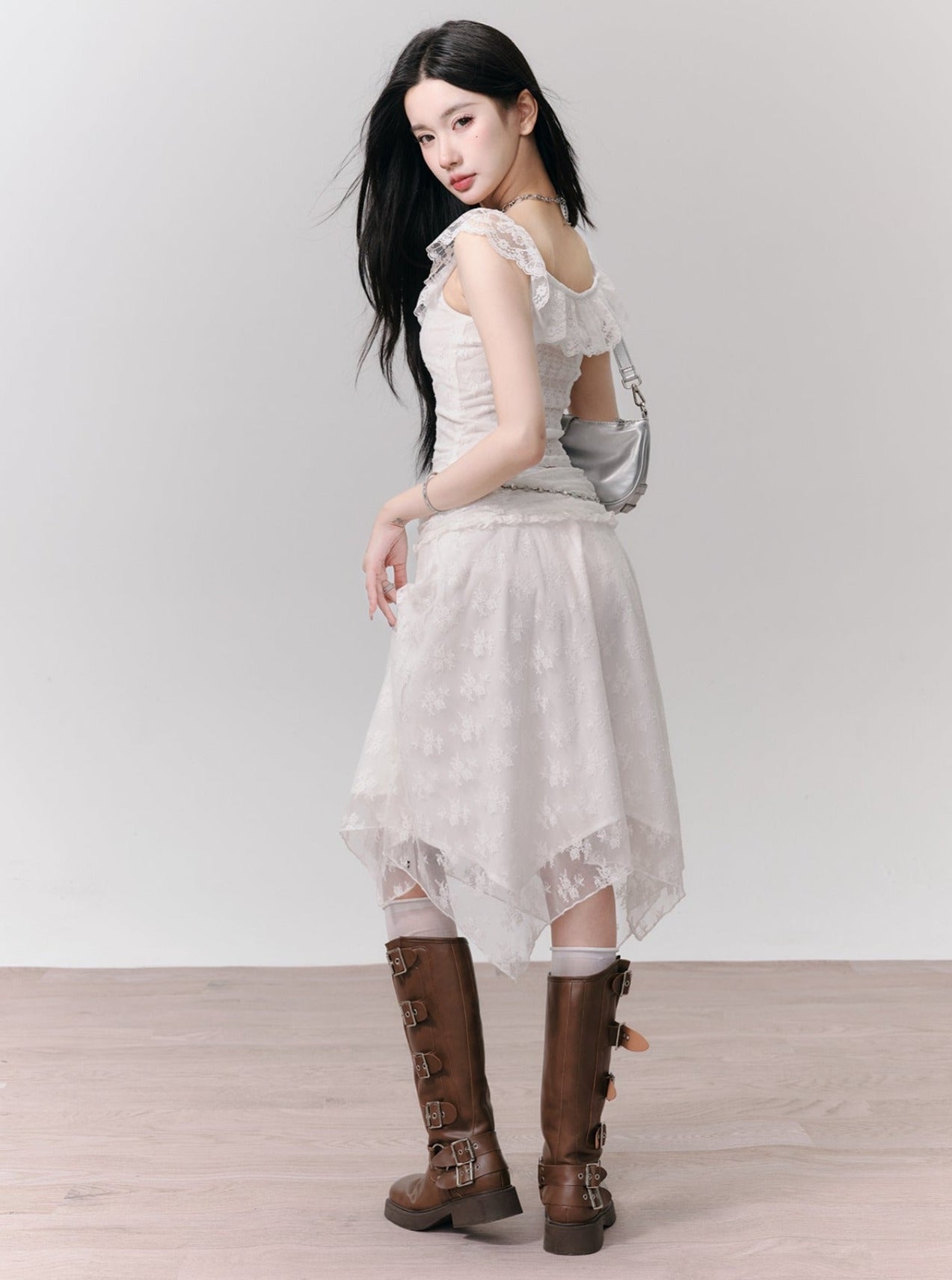 Ethereal Lace Ruffle Crop Top and Asymmetric Midi Skirt Set