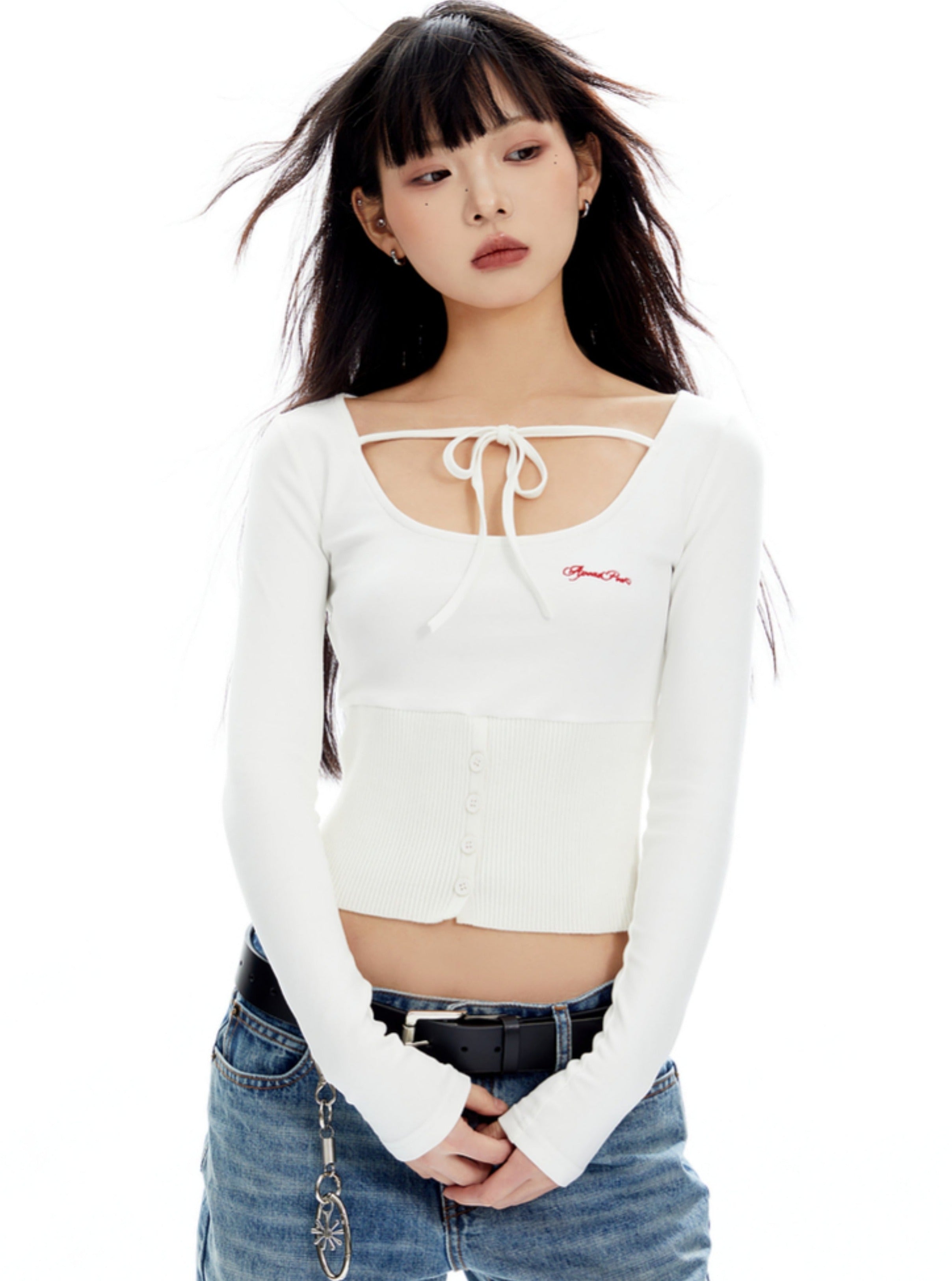 White Tie-Front Corset-Style Long Sleeve Crop Top