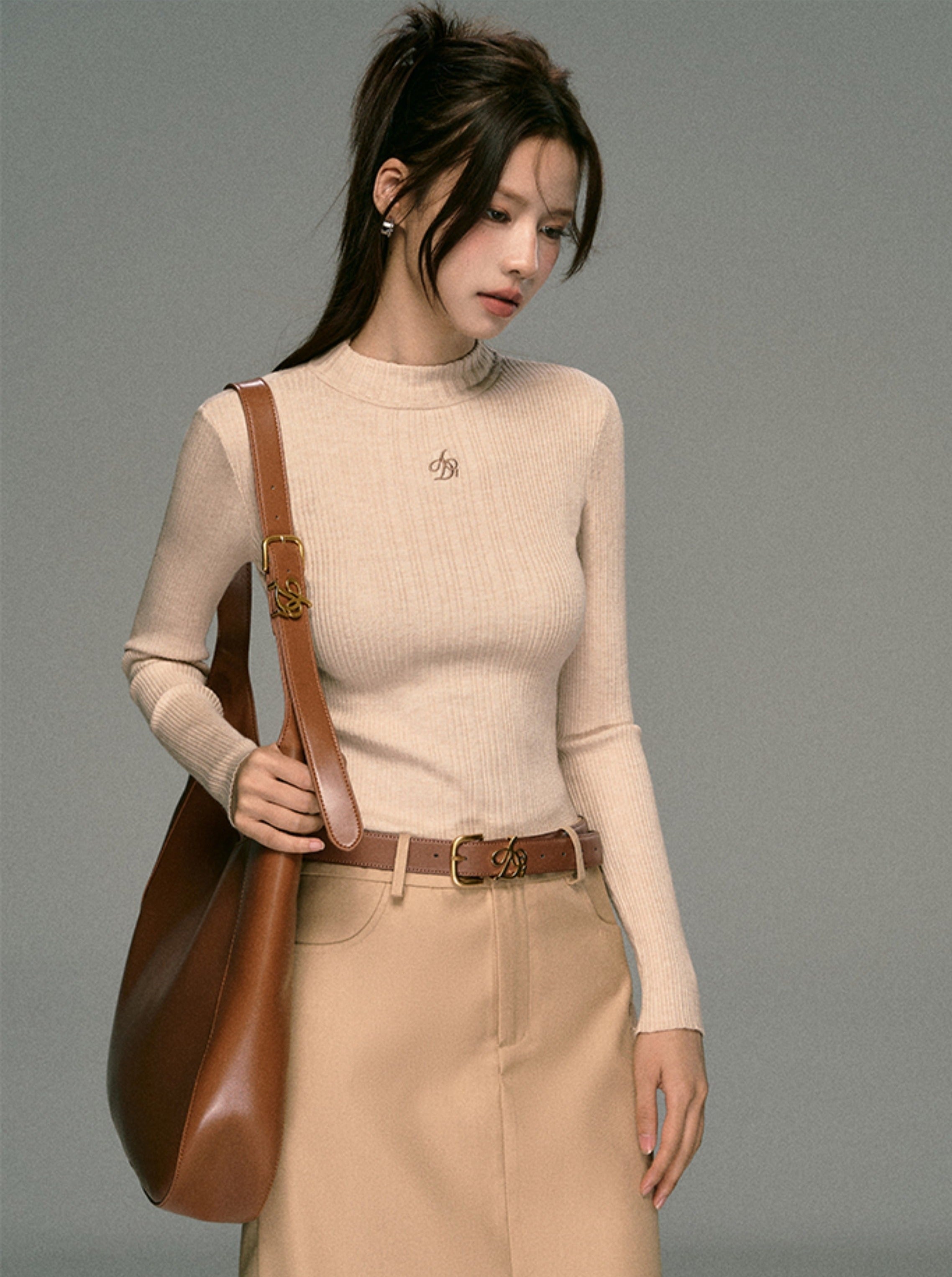 Ribbed Mock Neck Sweater - Fitted Long Sleeve Crop Top