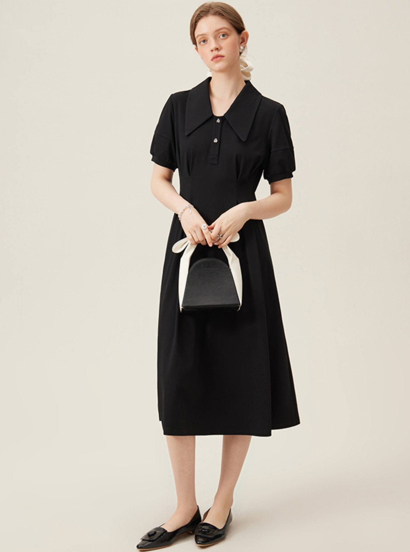 Minimalist Short Puff Sleeves Midi-length Dress