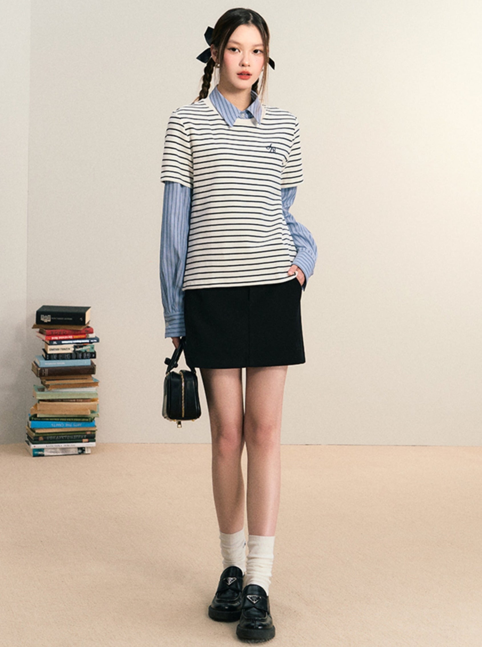 Layered Look Striped Tee Combo - Preppy Chic Shirt-Sweater Set