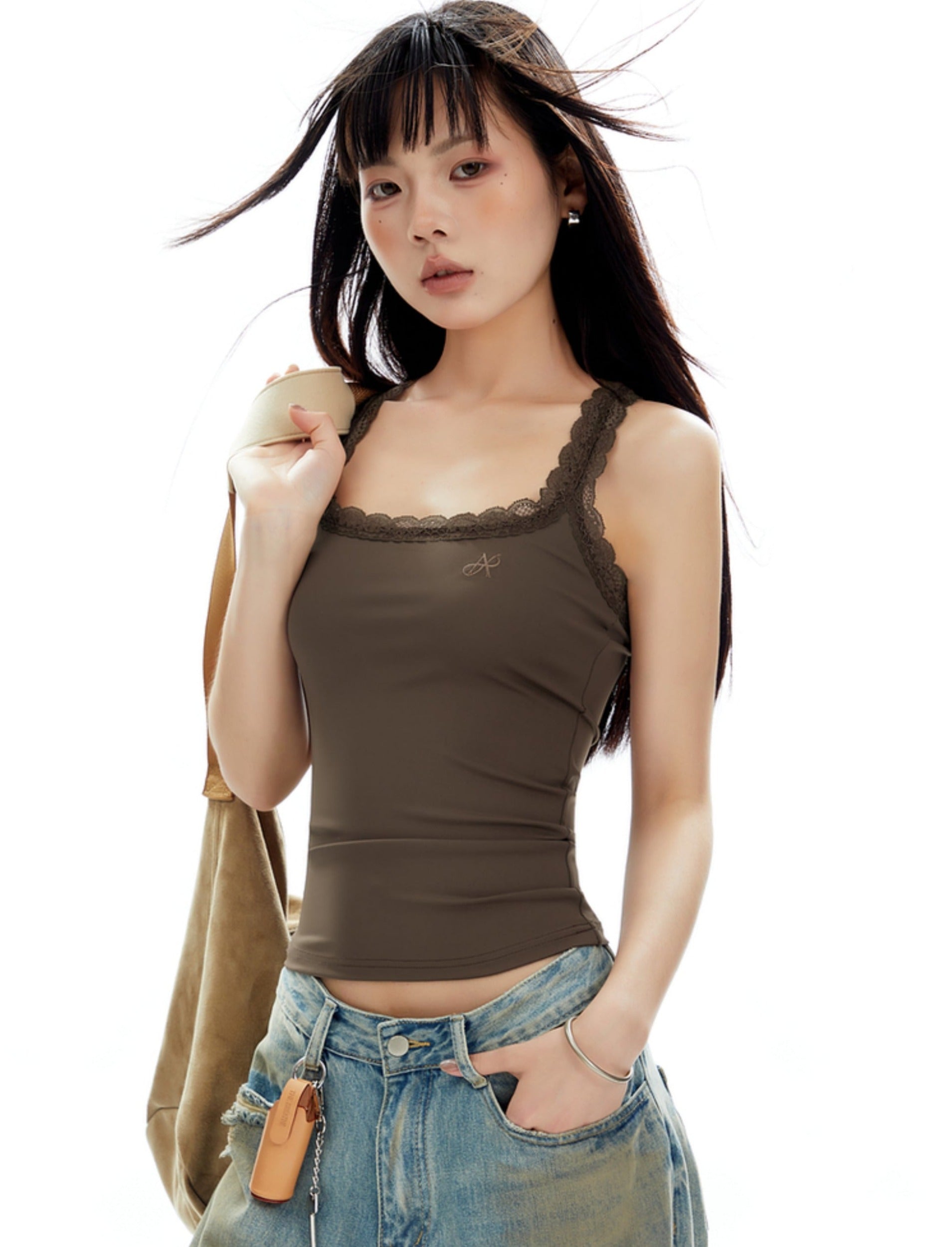 Olive And Coffee Color Lace-Trim Tank Top