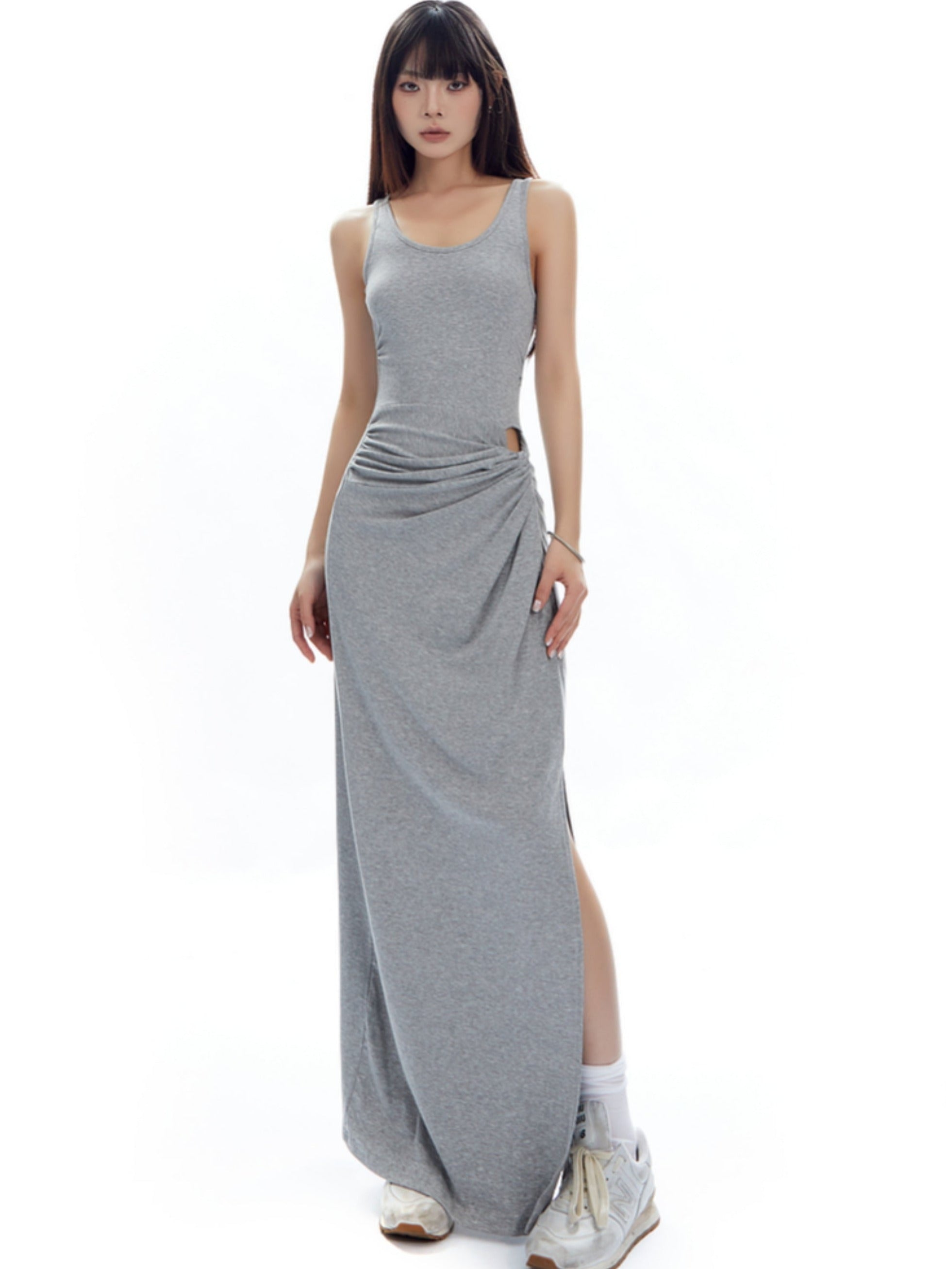 Gray Ruched Side-Slit Maxi Dress