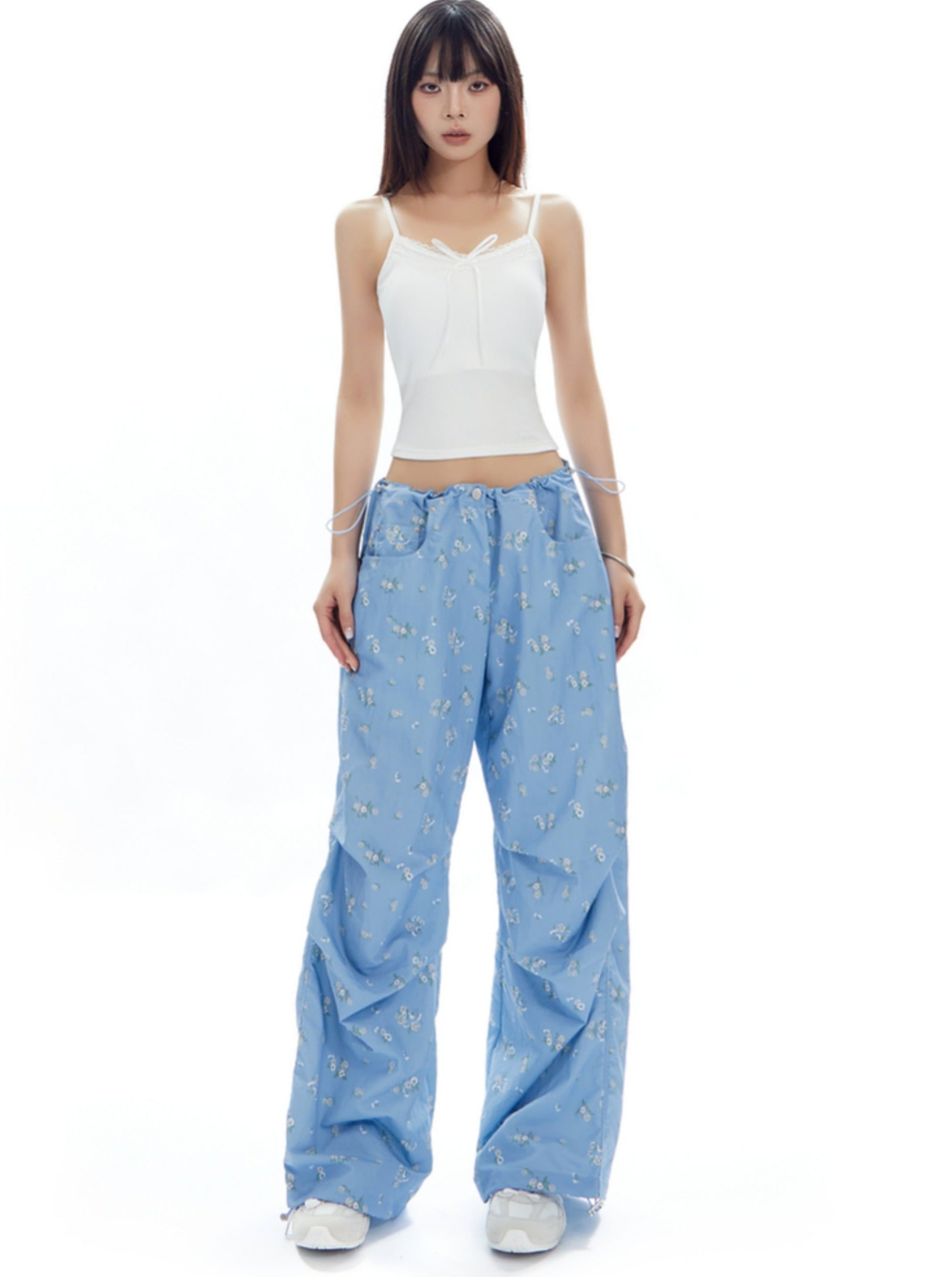 Light Blue Wide-Leg Pants with Butterfly Print