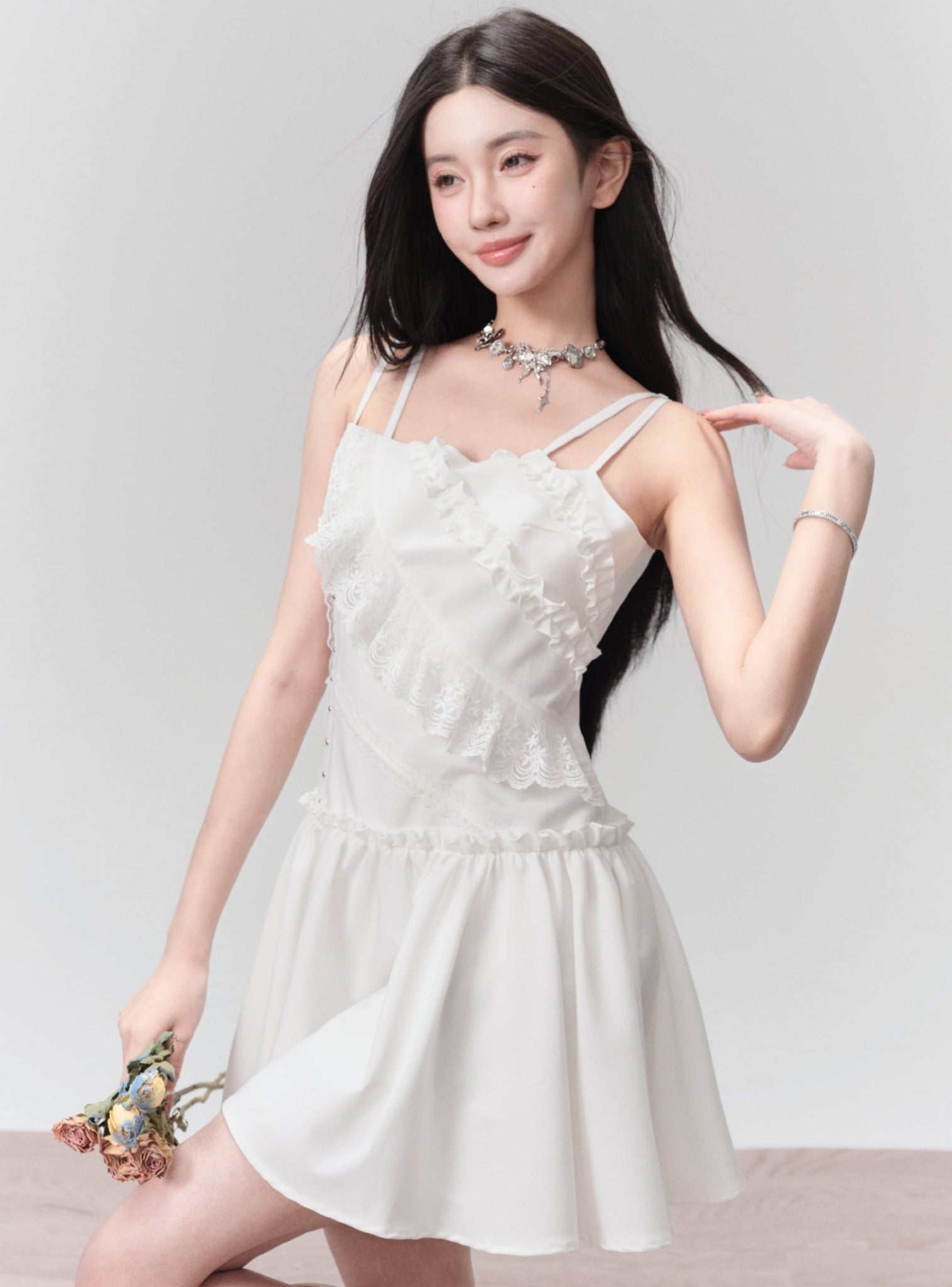 Romantic Eyelet Lace Mini Dress - White Summer Spaghetti Strap Sundress