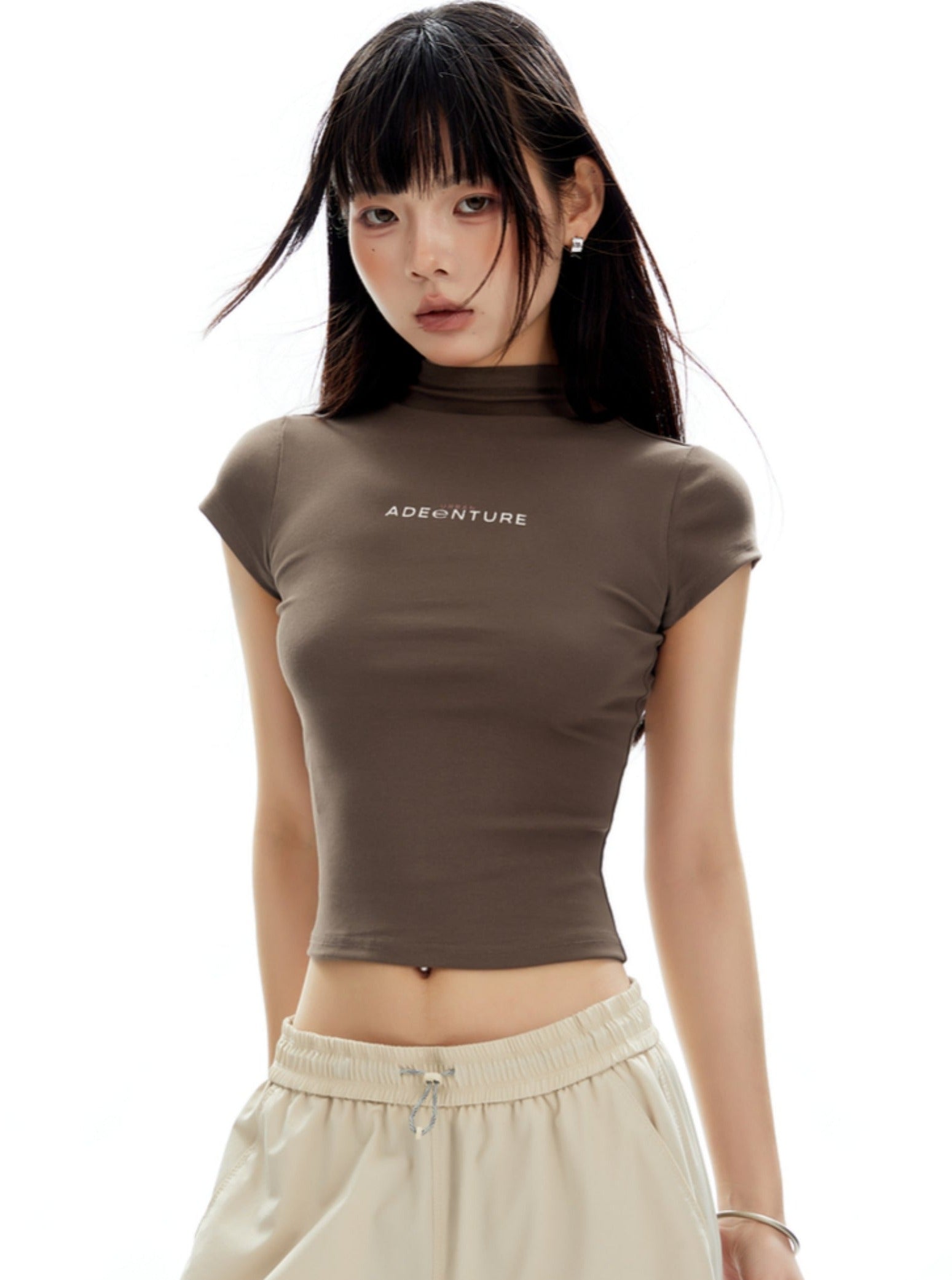 Cream Fitted Crop Top with 'Adventure' Text