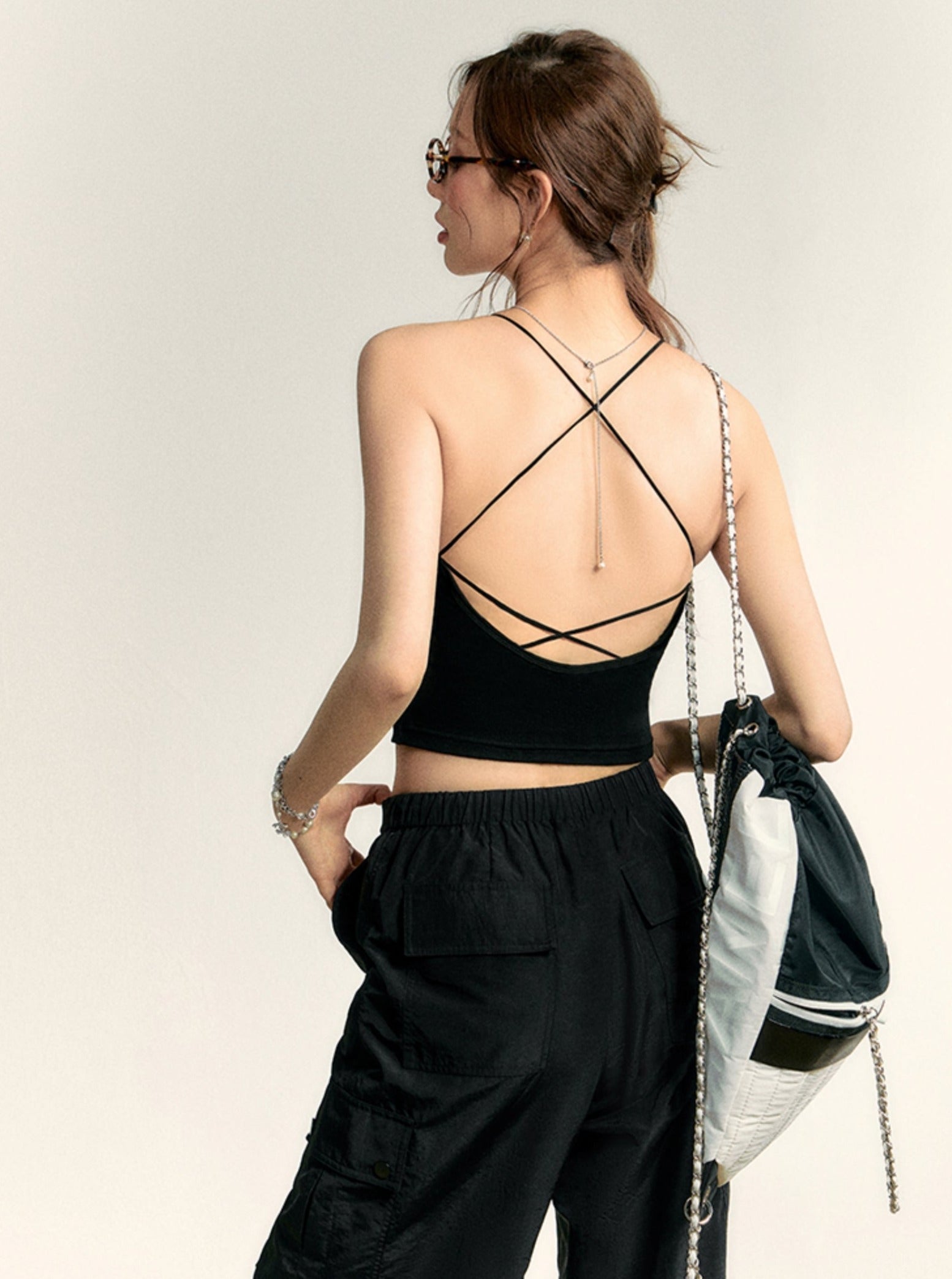 Essential Cross-Back Cami Top: Sleek Athletic Cropped Tank in Black, Heather Gray, and White