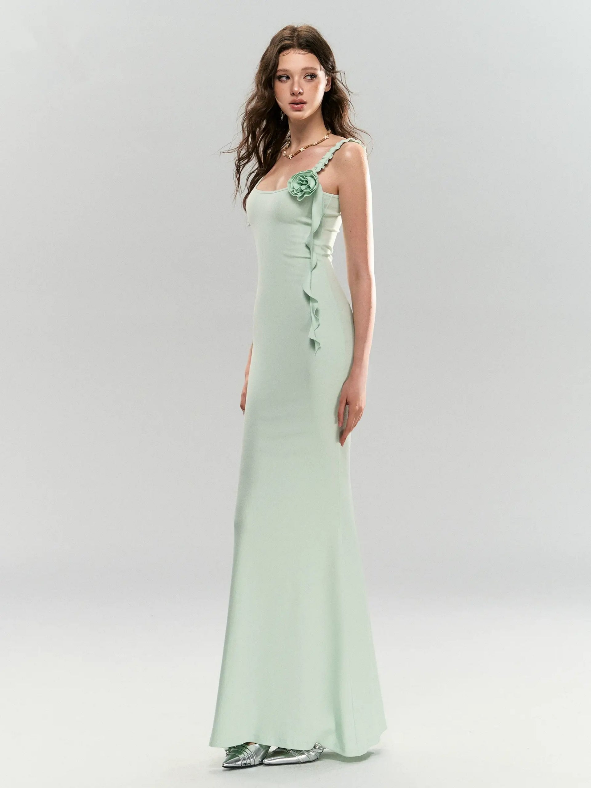 Mint Whisper Floral Strap Gown