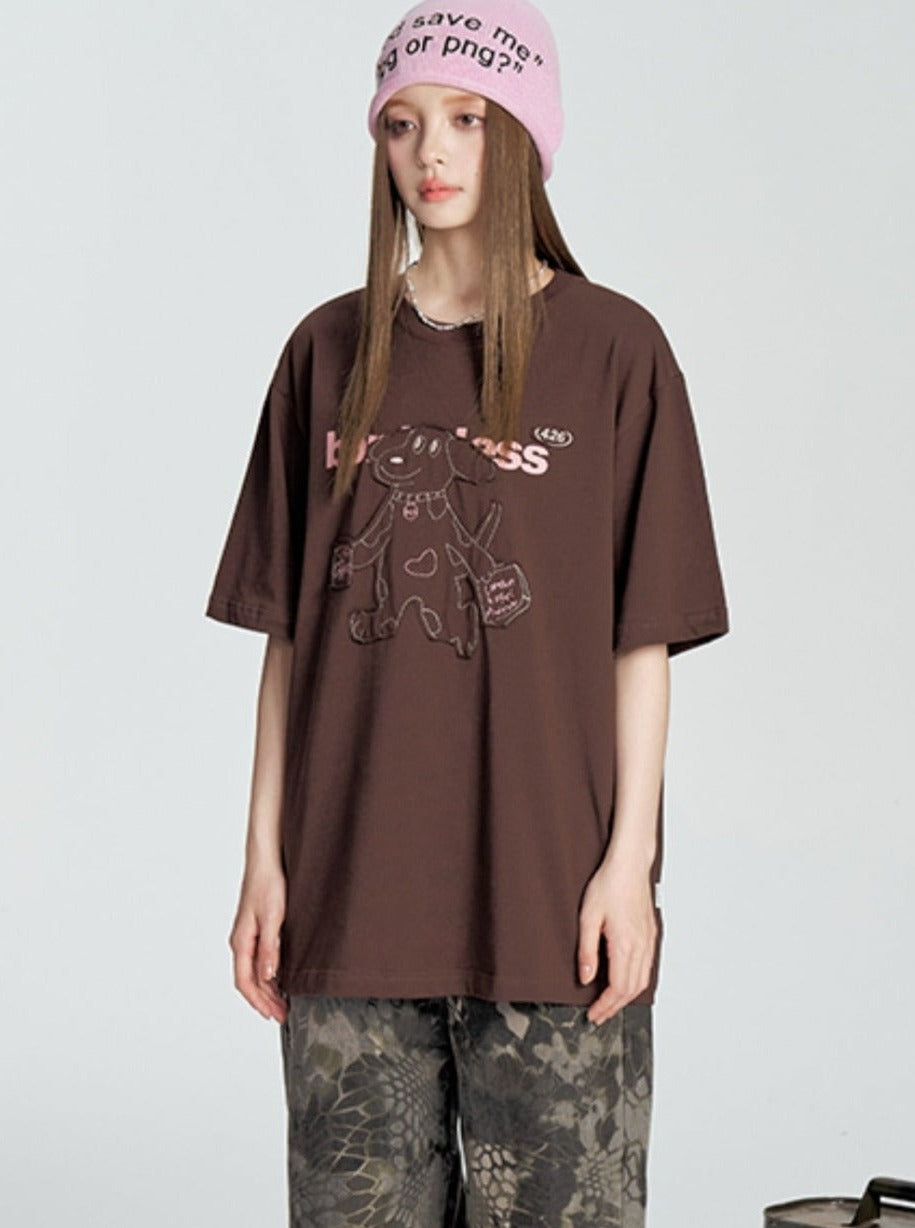 Embroidered Puppy Short Sleeve Tee - chiclara