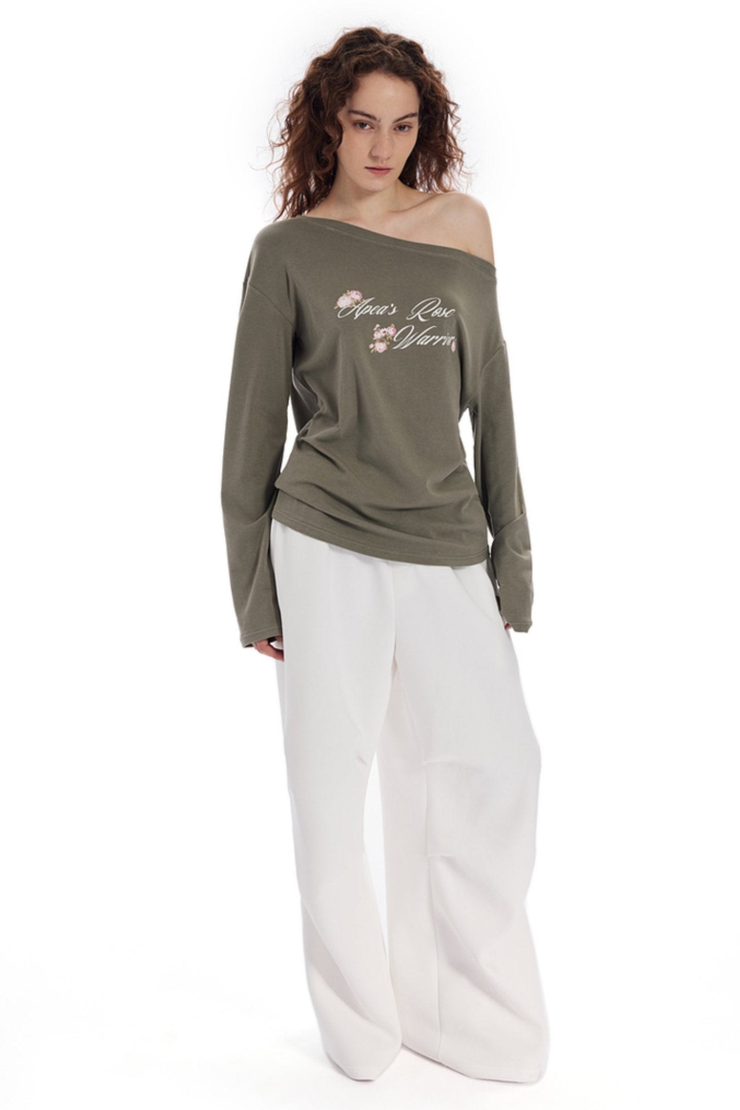 Olive Bloom Off-Shoulder Tee