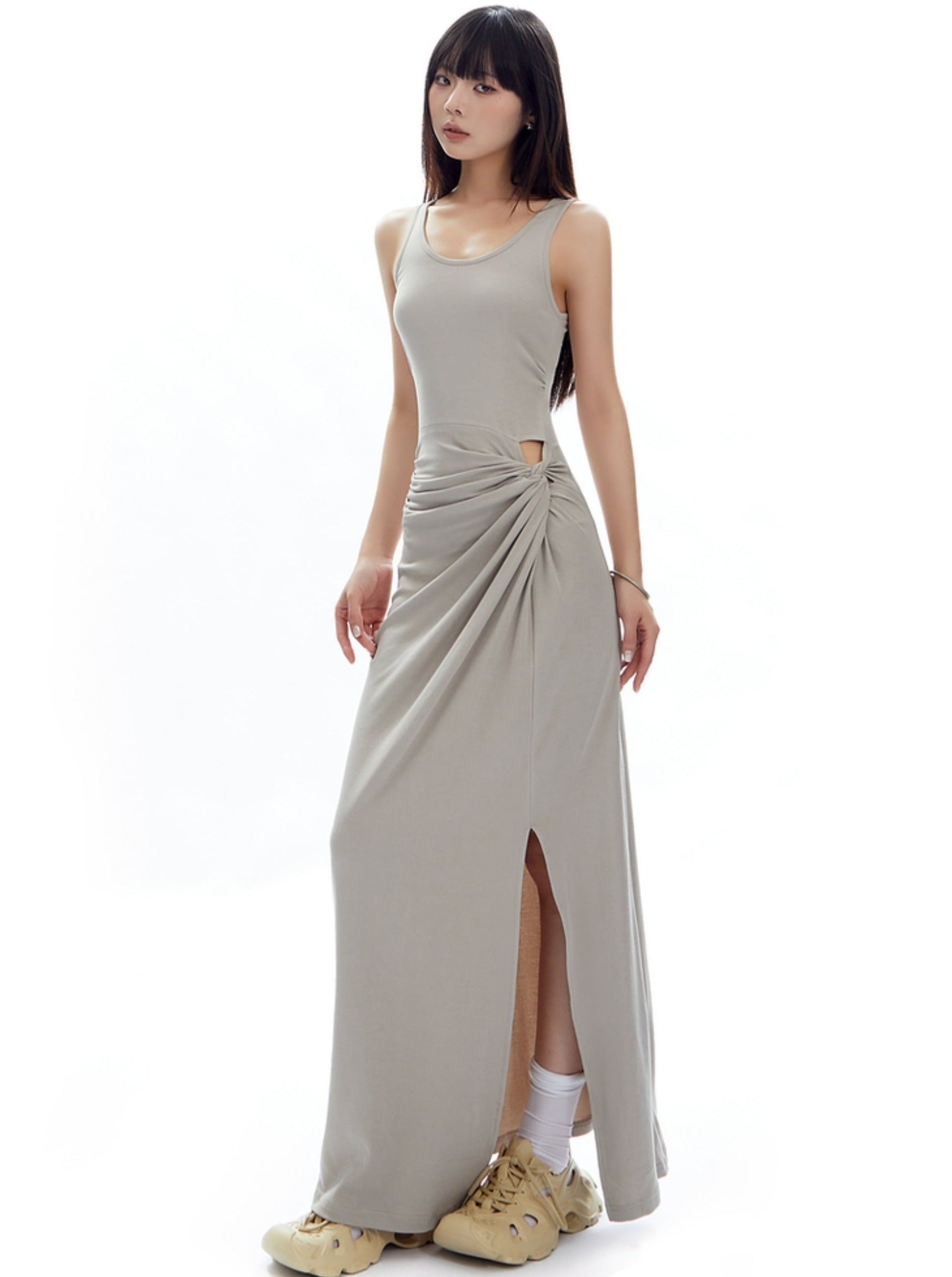 Gray Ruched Side-Slit Maxi Dress